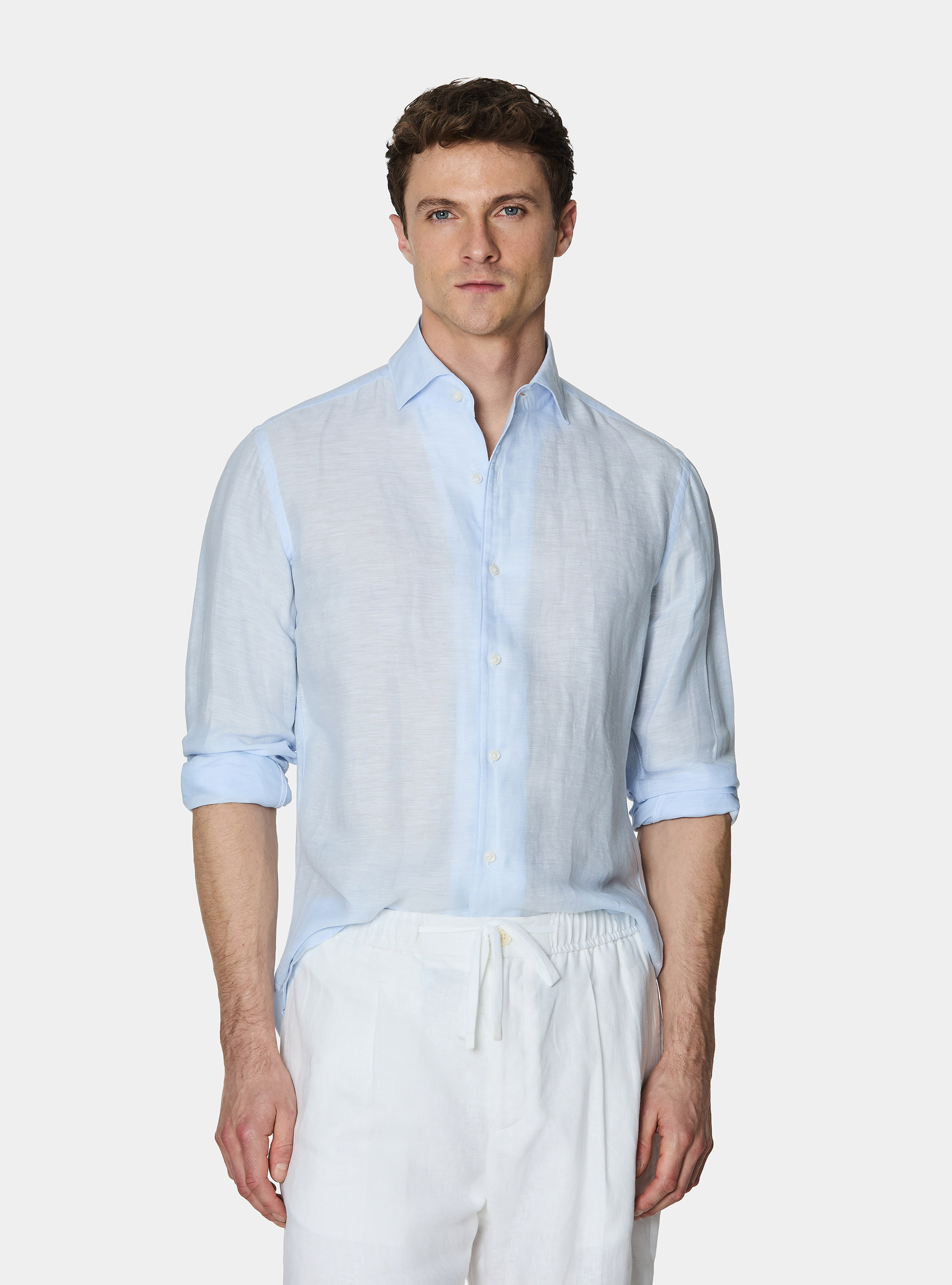 Linen-blend shirt with facing, LIGHT BLUE