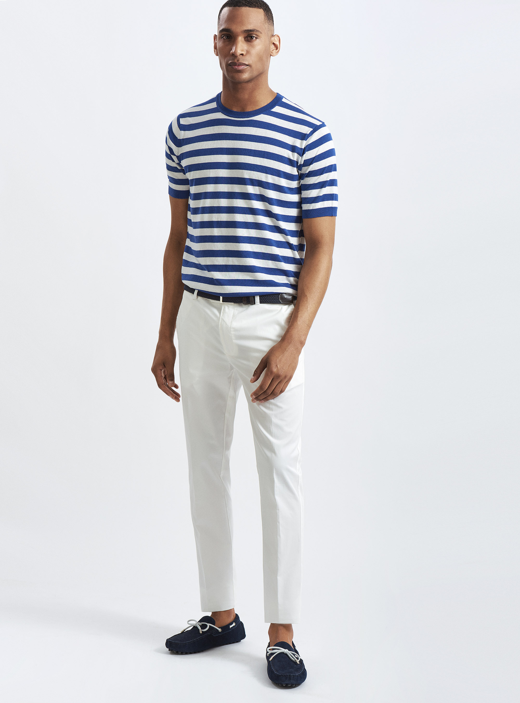 Jersey de seda y algod&oacute;n a rayas con cuello redondo, AZUL MEDIO