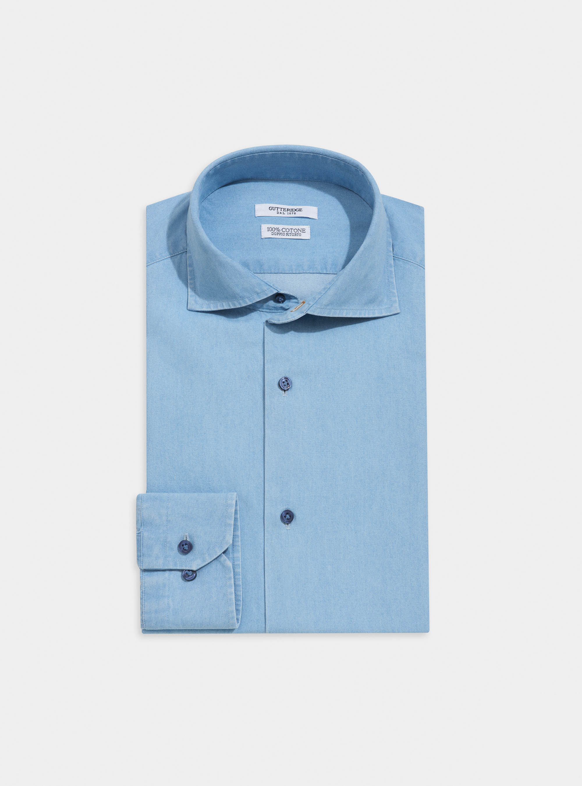 Denim shirt with French collar in cotton chambray, LIGHT BLUE