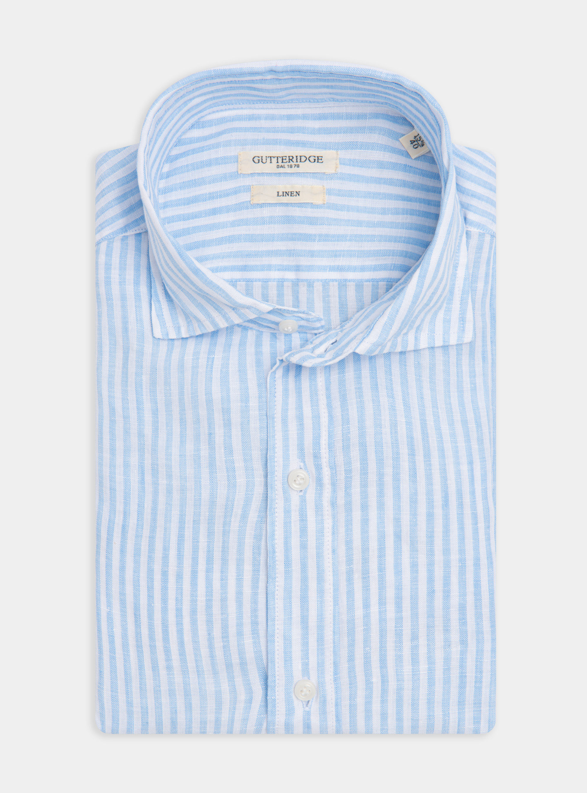 Semi-French collar shirt in pure linen striped, LIGHT BLUE