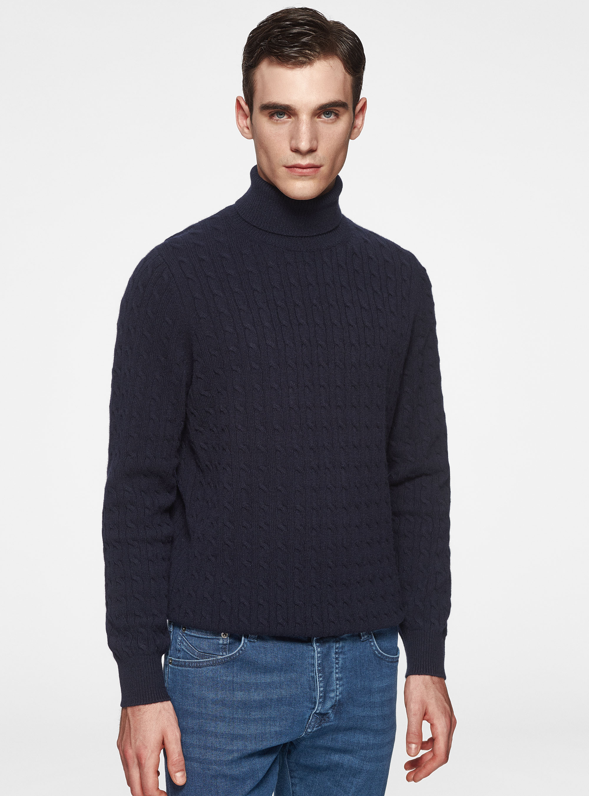Maglia collo alto in lana cashmere con treccia, BLU NAVY