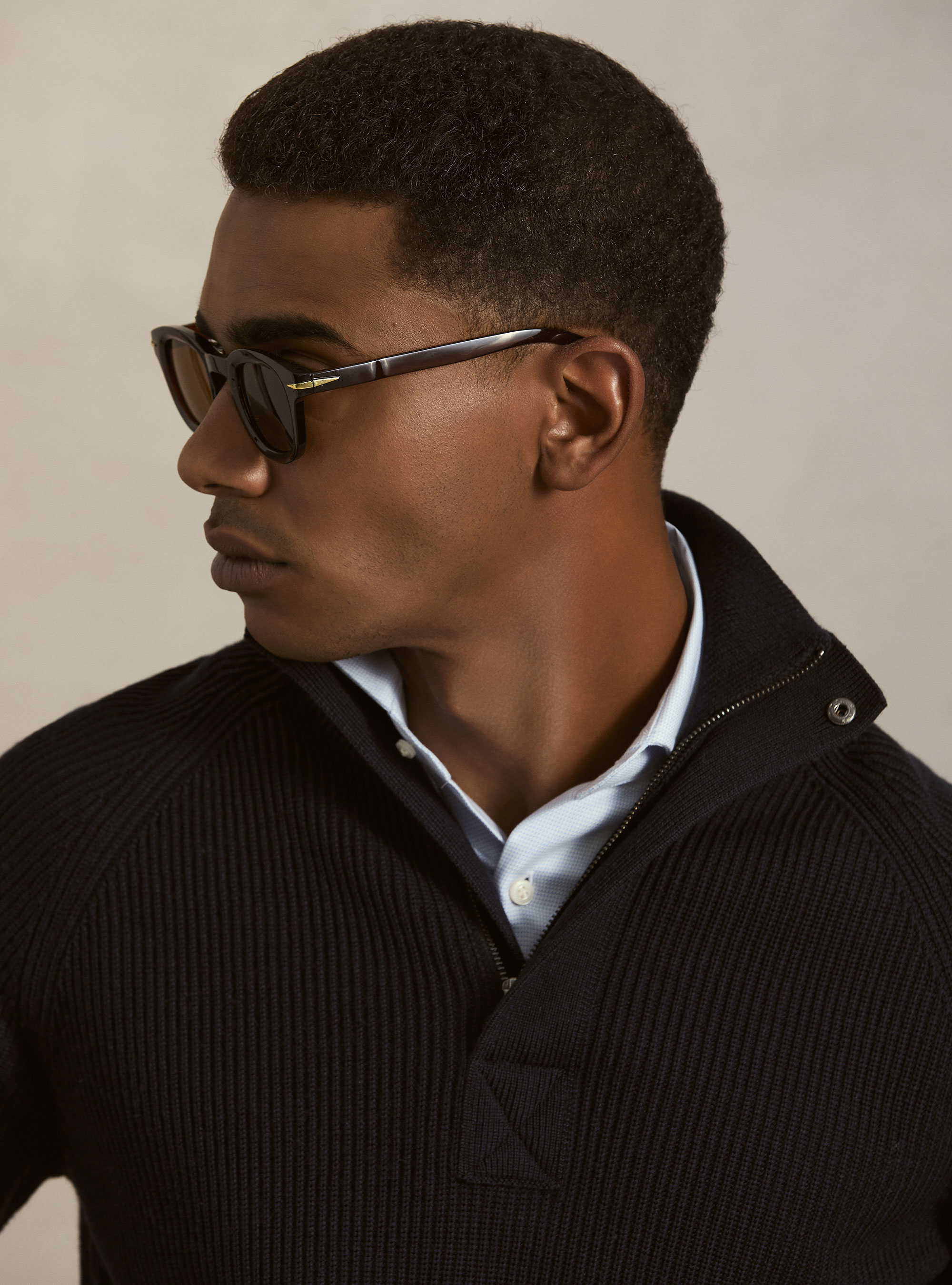 Half-zip ribbed wool and cotton sweater, NAVY BLUE