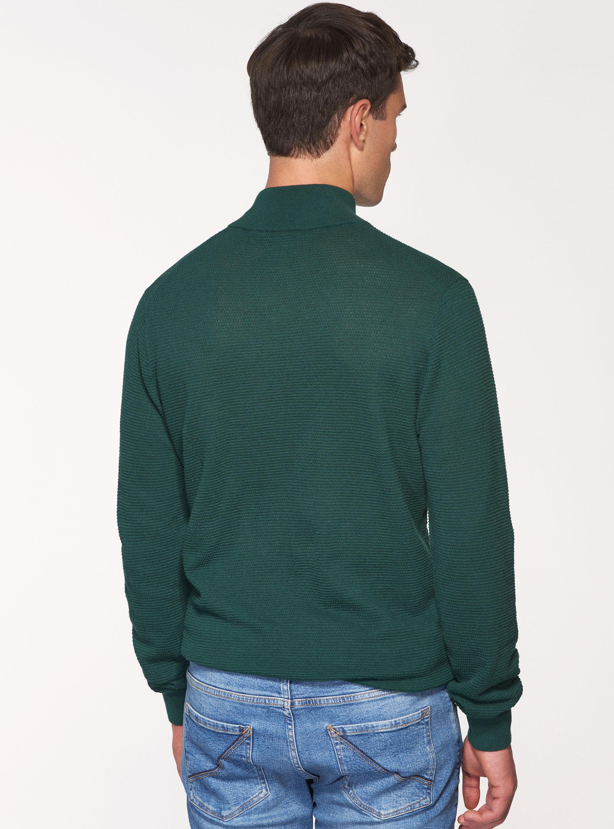 Maglia mezza zip in cotone cashmere punto riso, VERDE