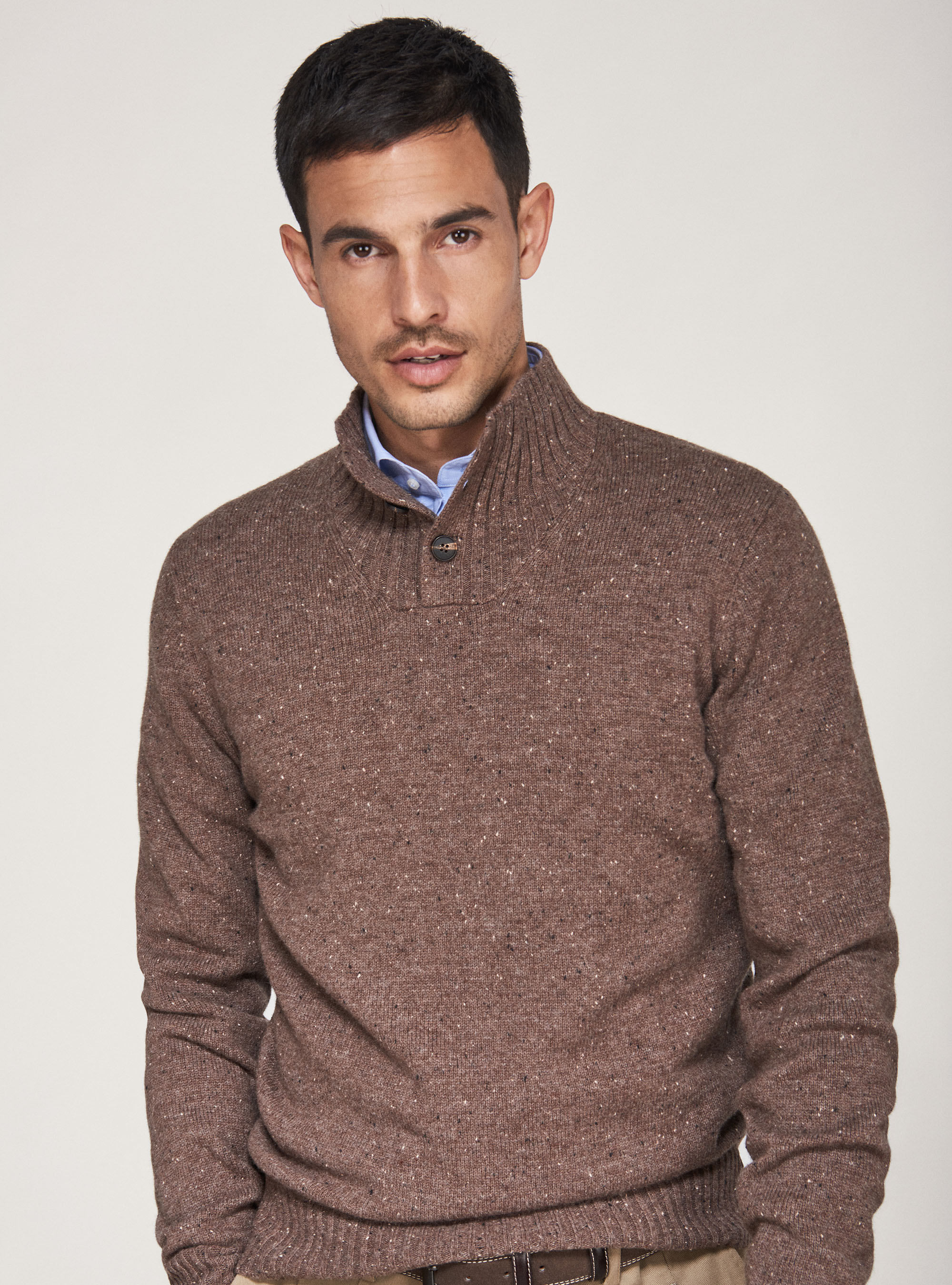 Maglia mezzo collo con bottoni in misto lana, FANGO