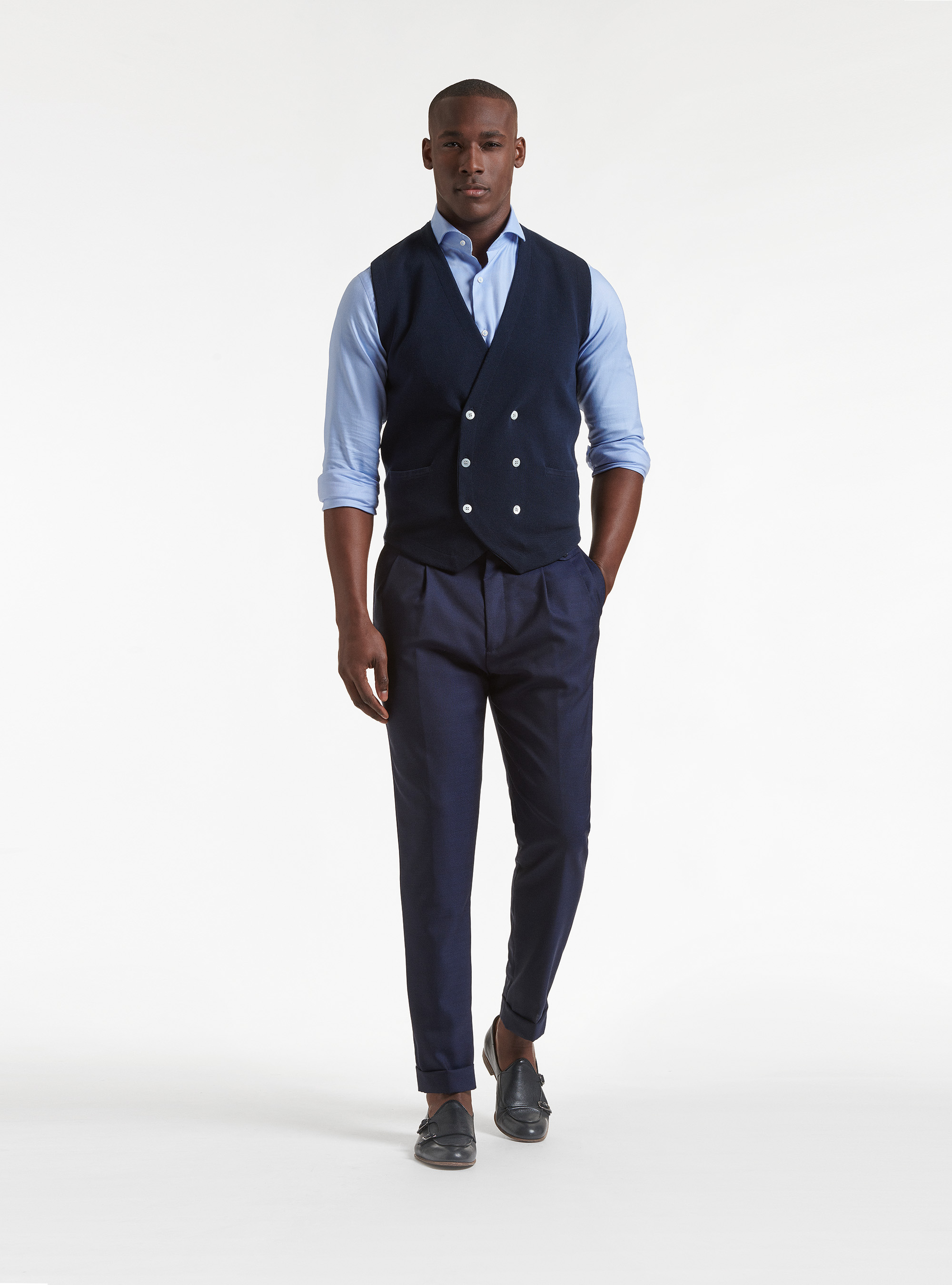 Gilet doppiopetto in maglia in puro cotone extrafine, BLU NAVY