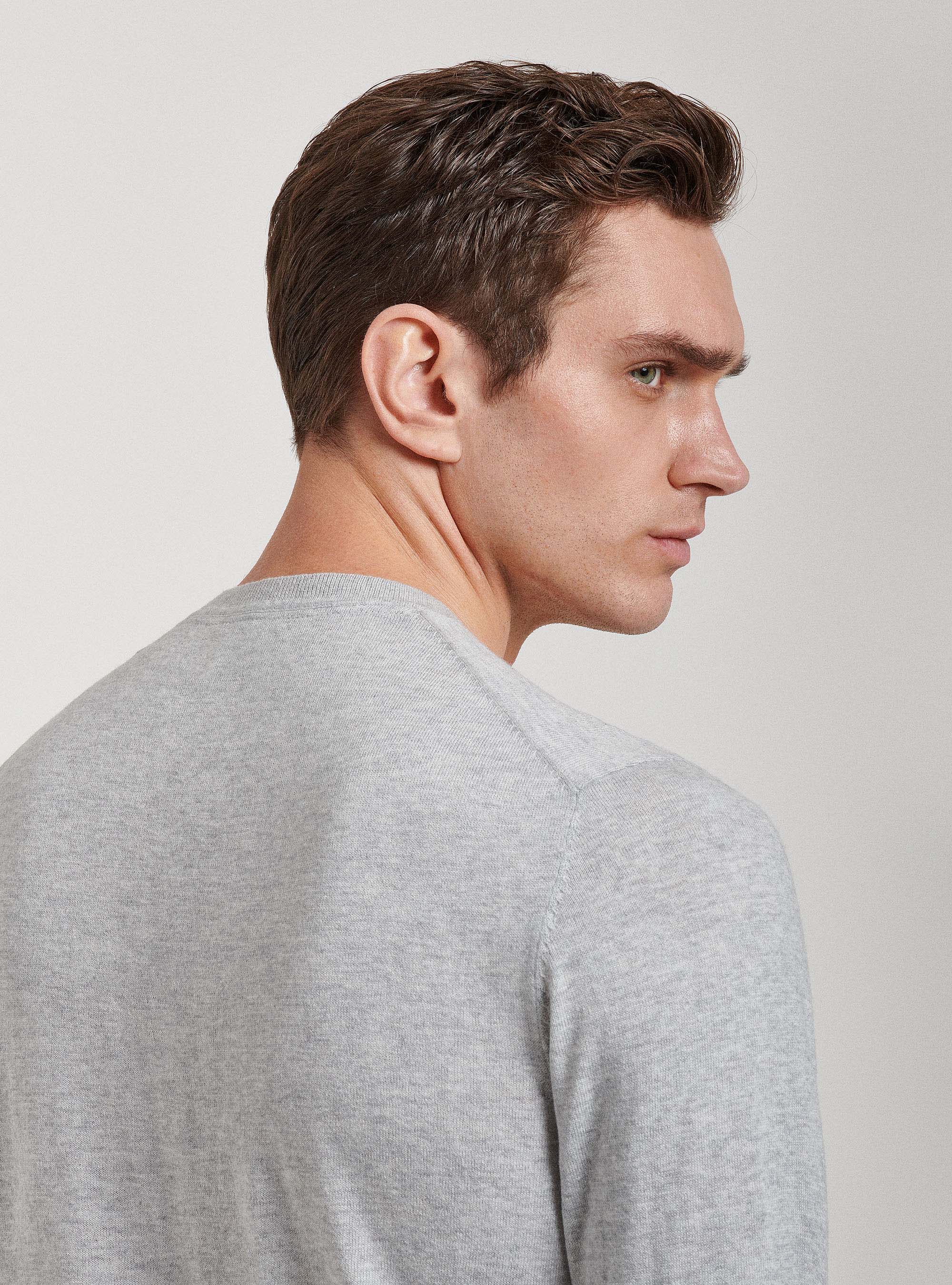 Jersey de cuello redondo de algod&oacute;n, seda y cachemira, GRIS CLARO JASPEADO