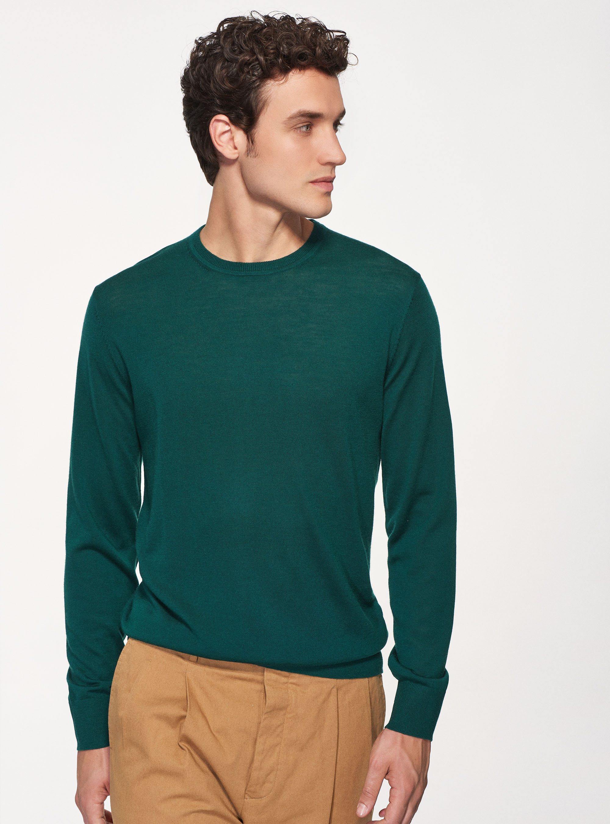 Maglia girocollo in pura lana merino extrafine, VERDE