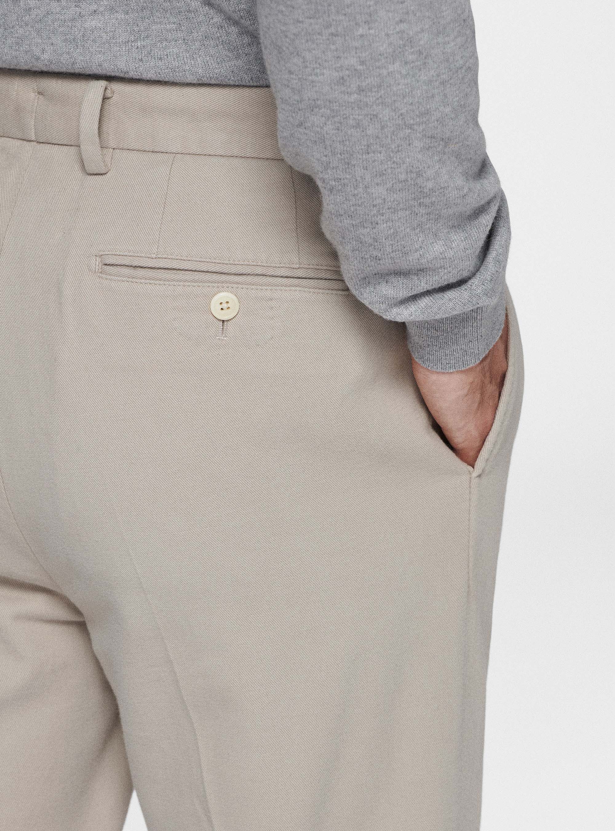 Pantaloni con pince in twill di cotone e cashmere, ECRU