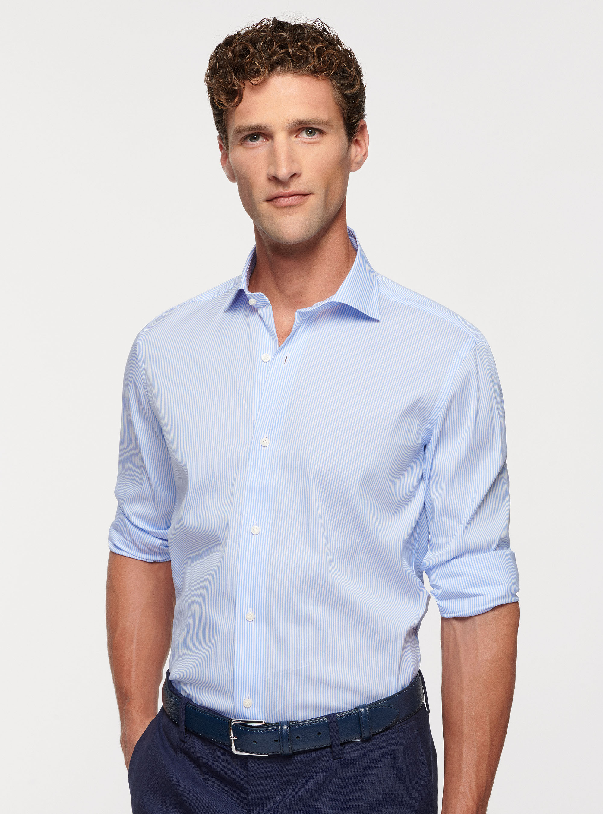 Camicia in popeline stretch rigato, AZZURRO
