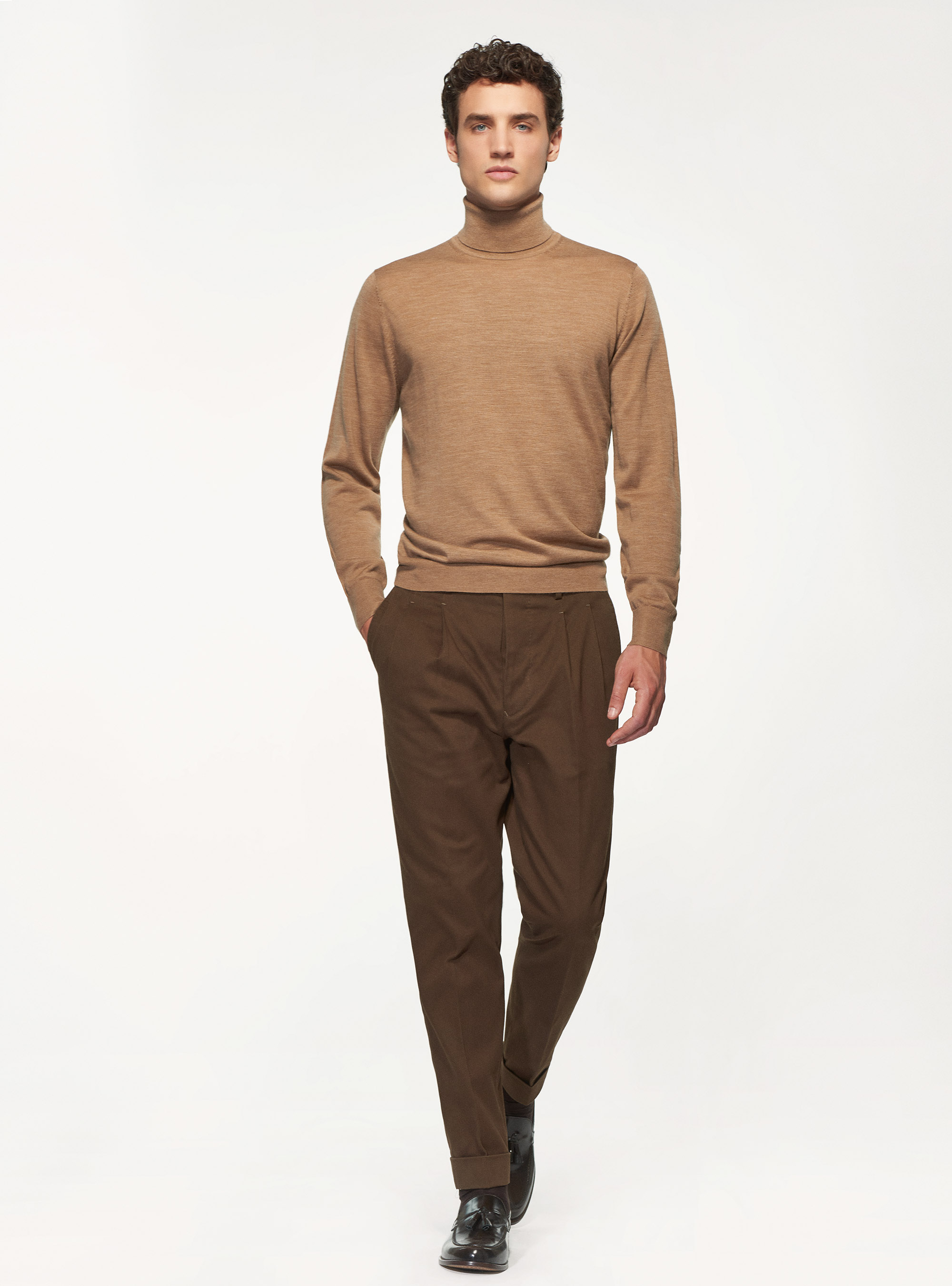 Pantaloni doppia pince in cotone smerigliato, MARRONE