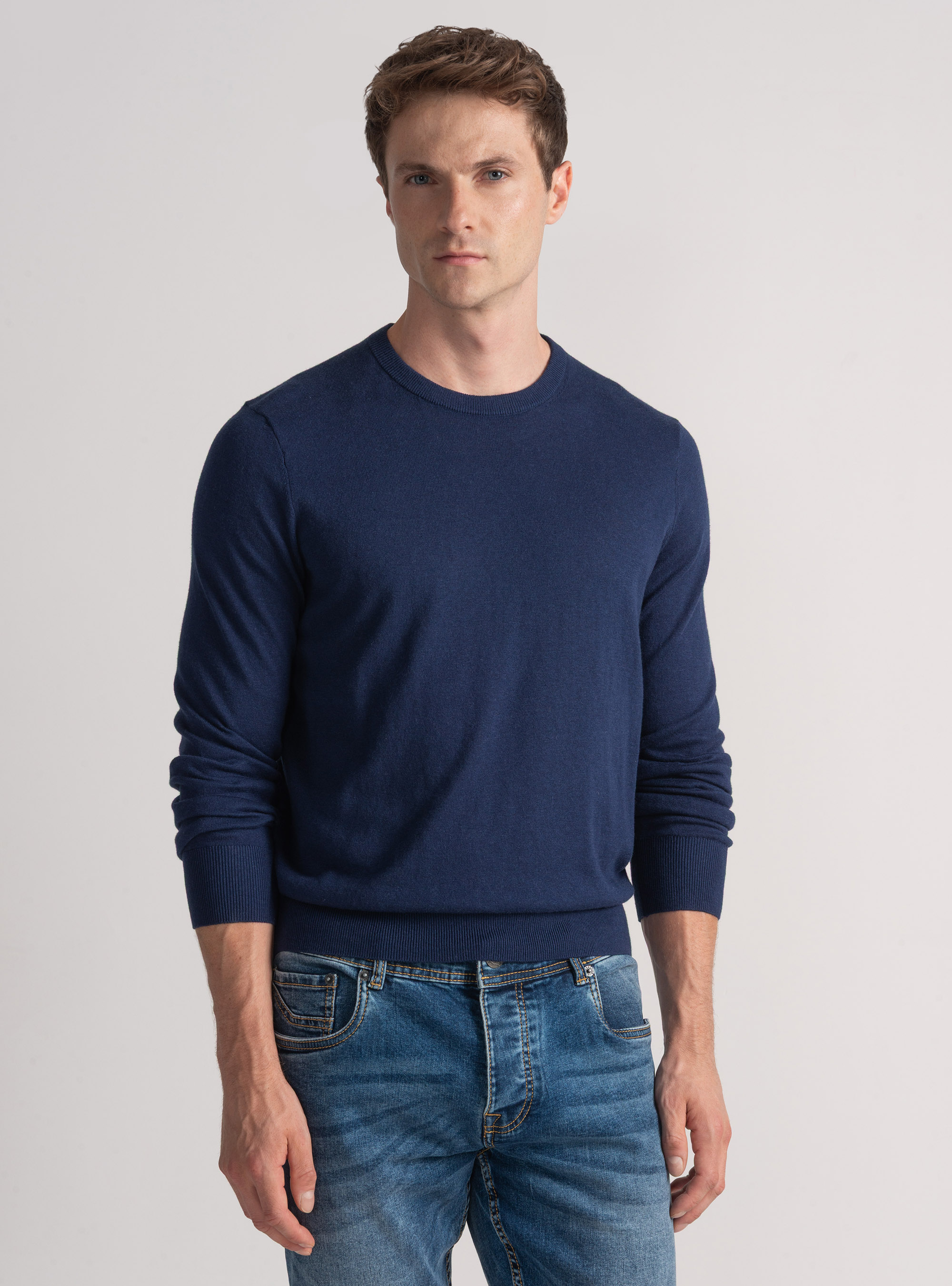 Punto de cuello redondo de algodón, seda y cachemira, AZUL TINTA