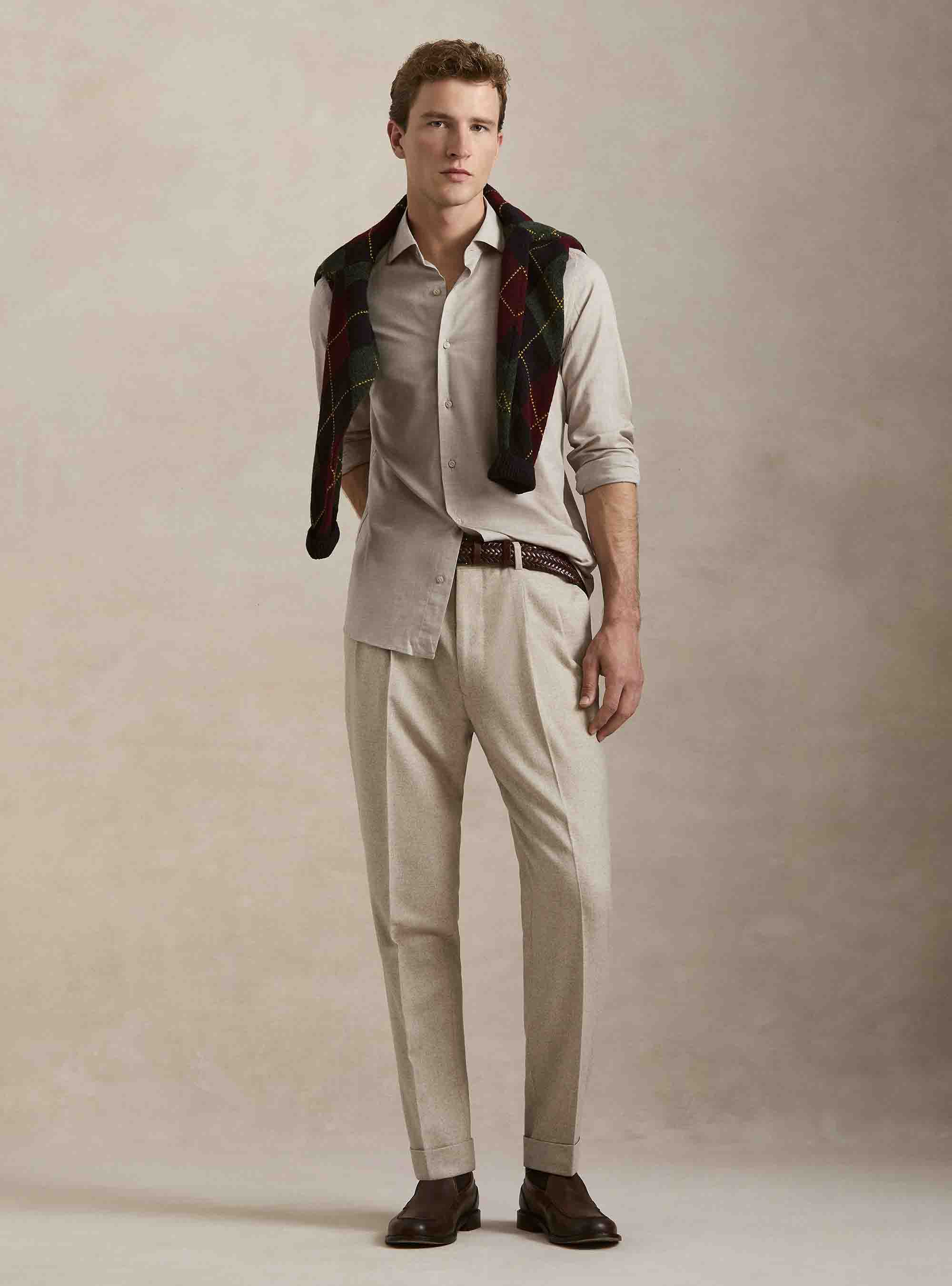 Herringbone cotton flannel shirt, SAND