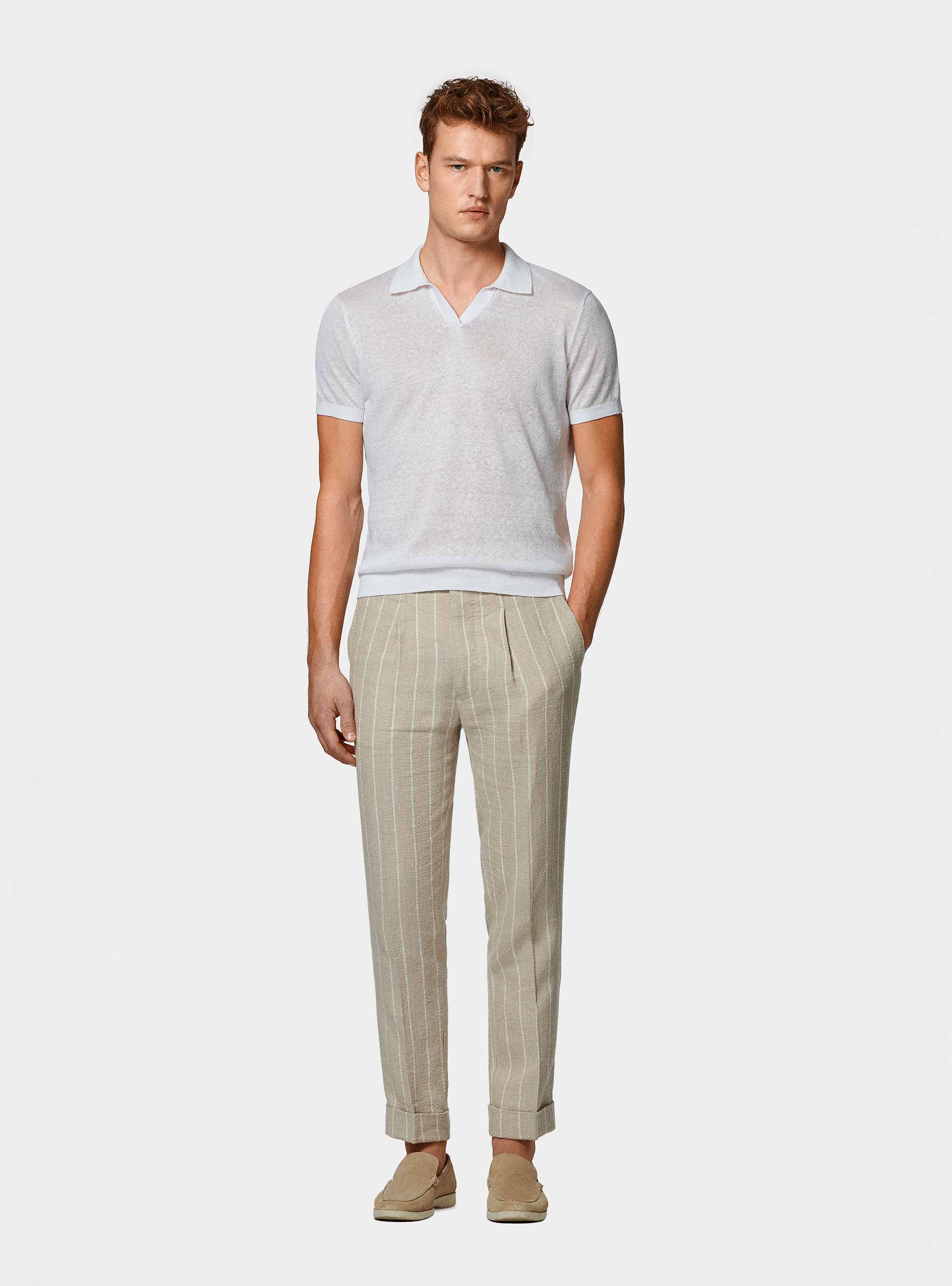 Polo in maglia senza bottoni in puro lino, BIANCO