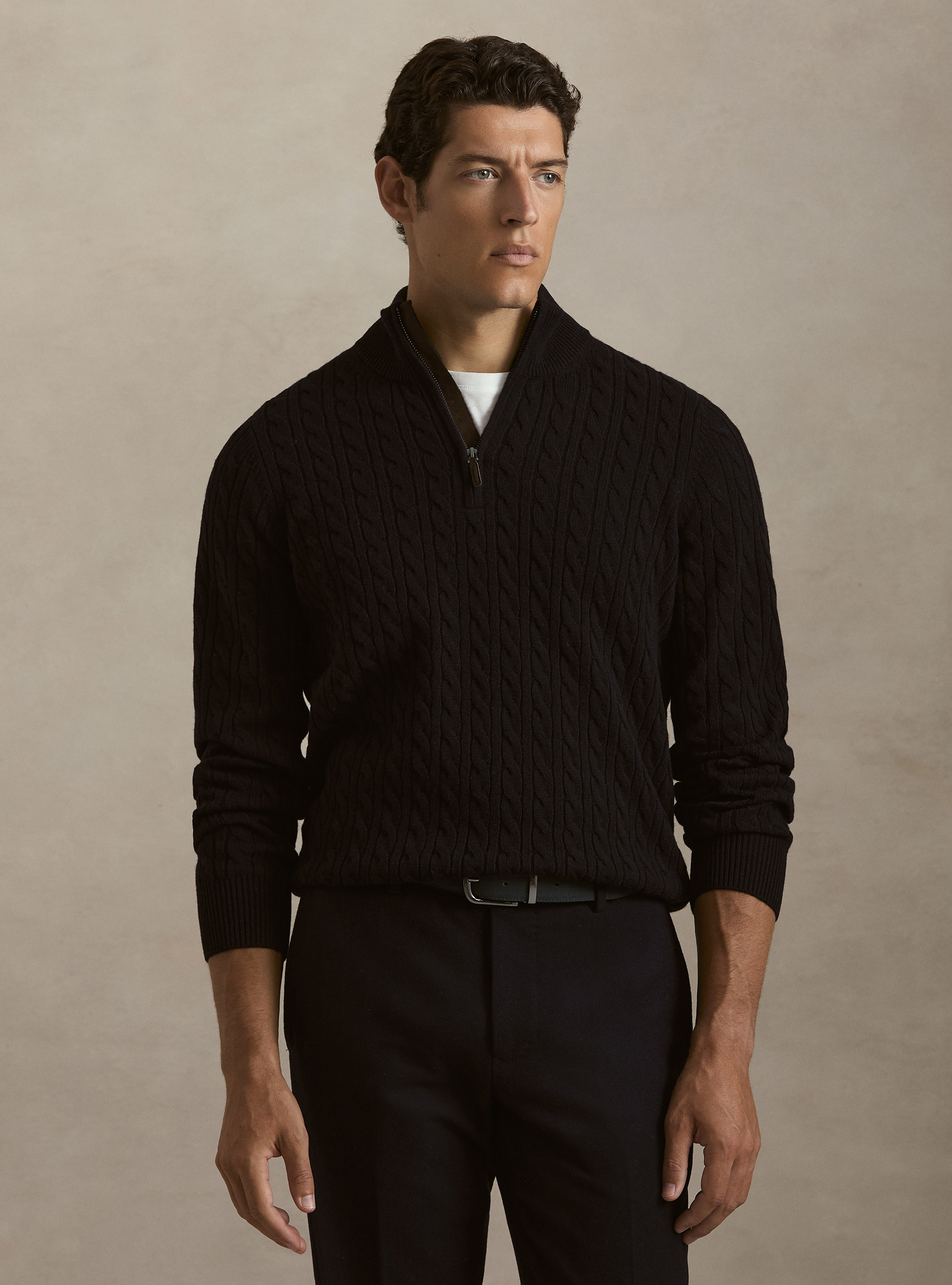 Cable-knit wool and cashmere mock neck sweater, NAVY BLUE