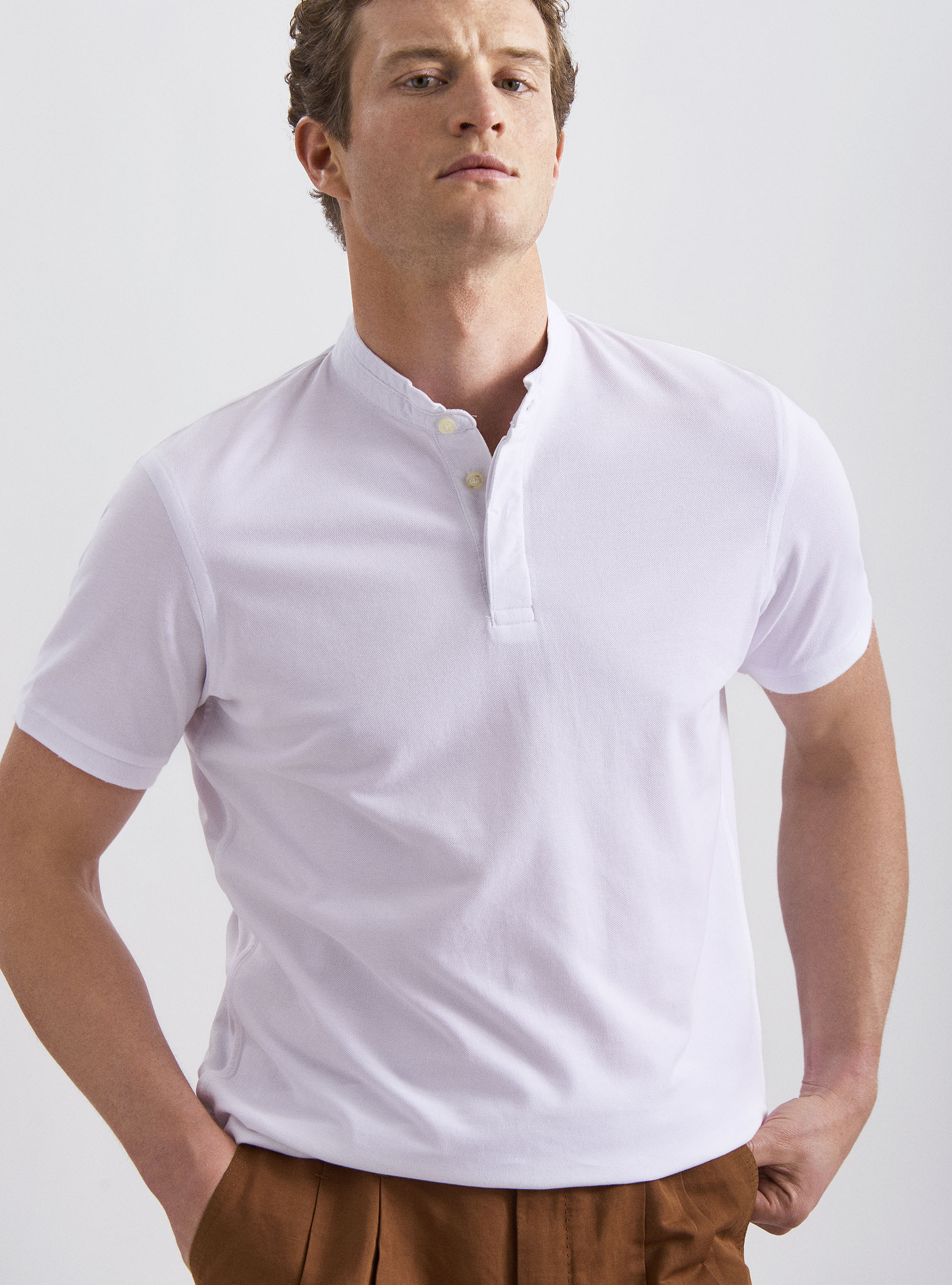 Polo collo alla coreana 100% cotone, BIANCO