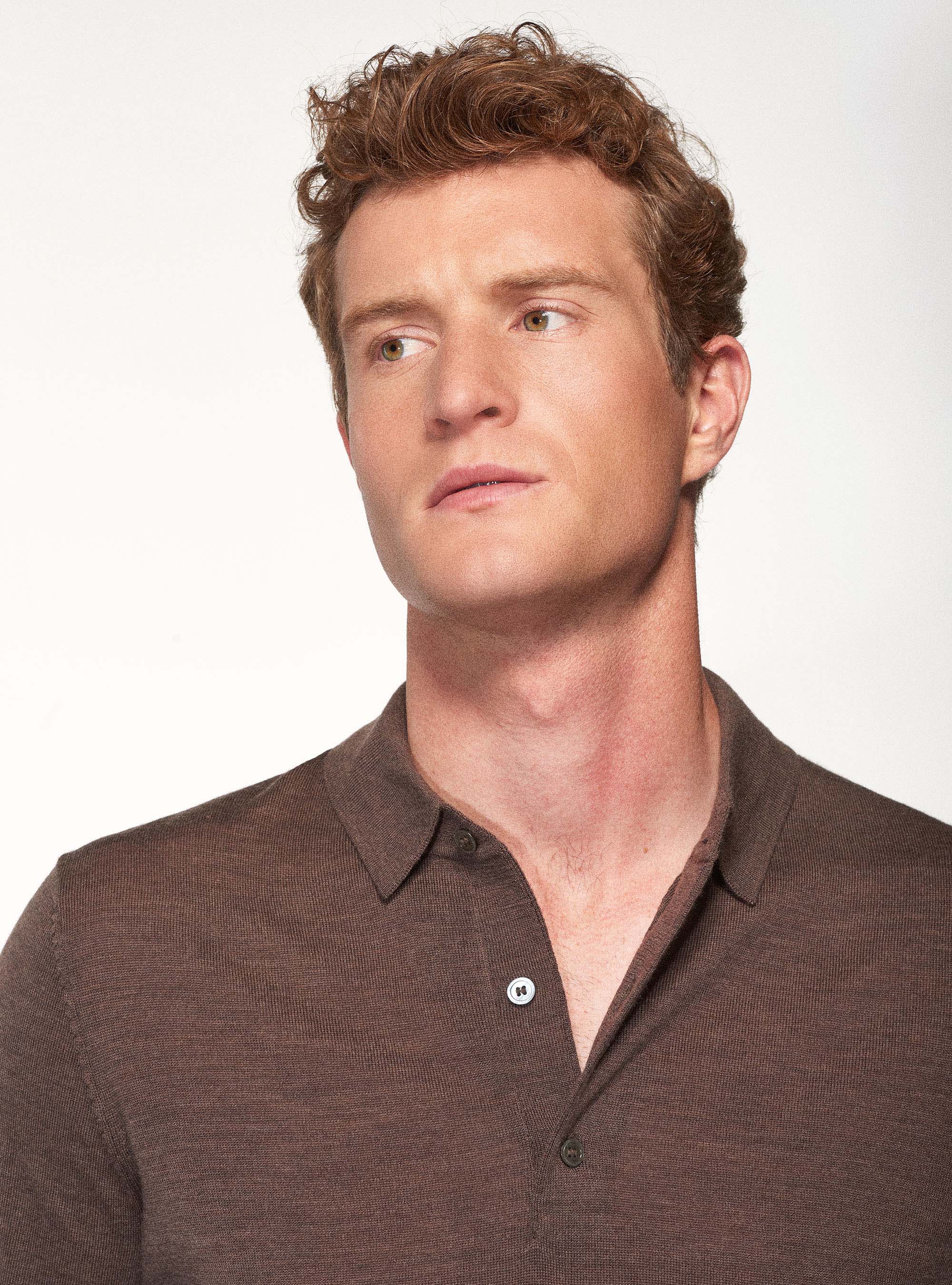 Knitted polo shirt in pure extra-fine merino wool, MUD