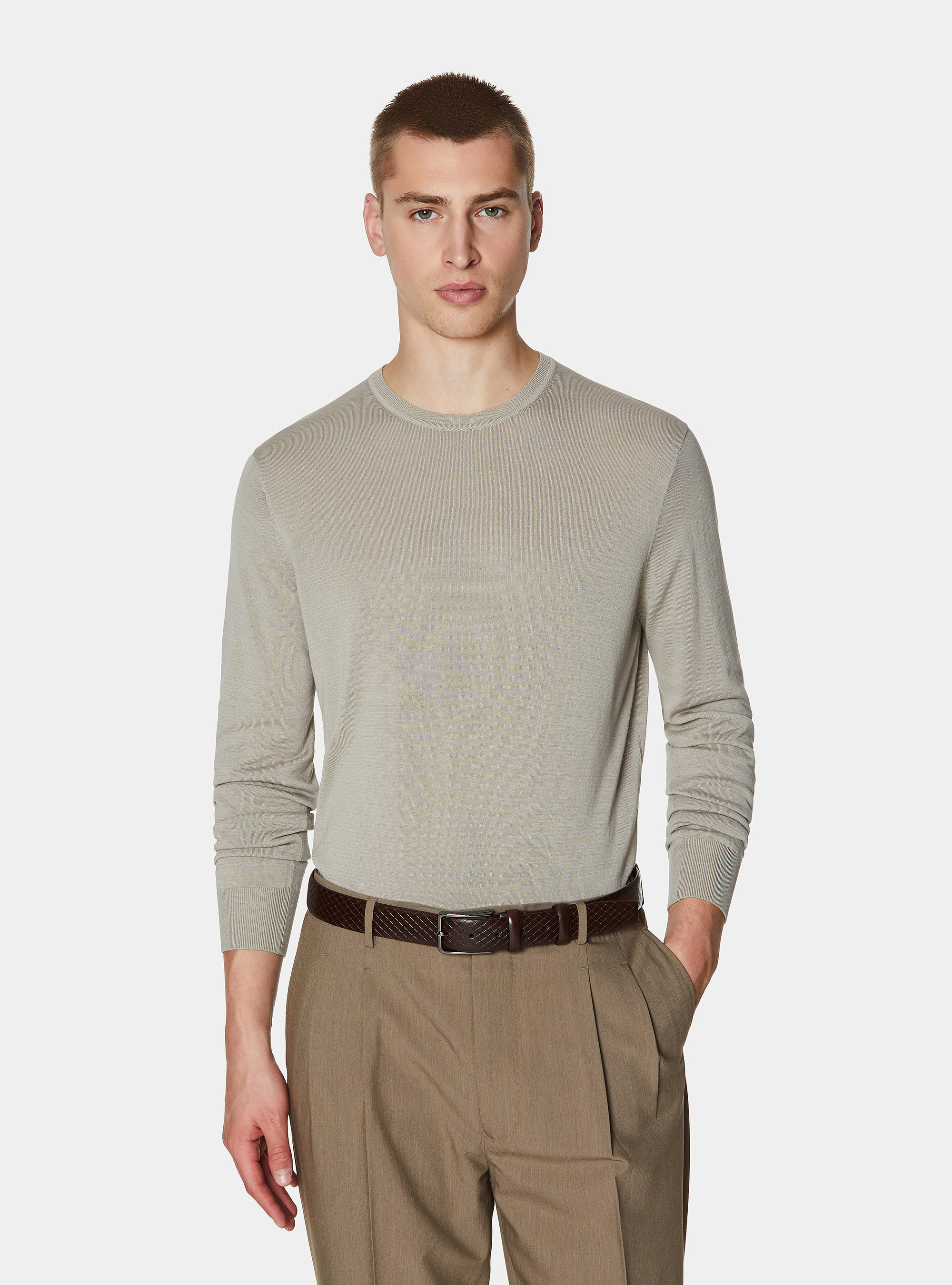 Cotton and silk crew neck sweater, SAND