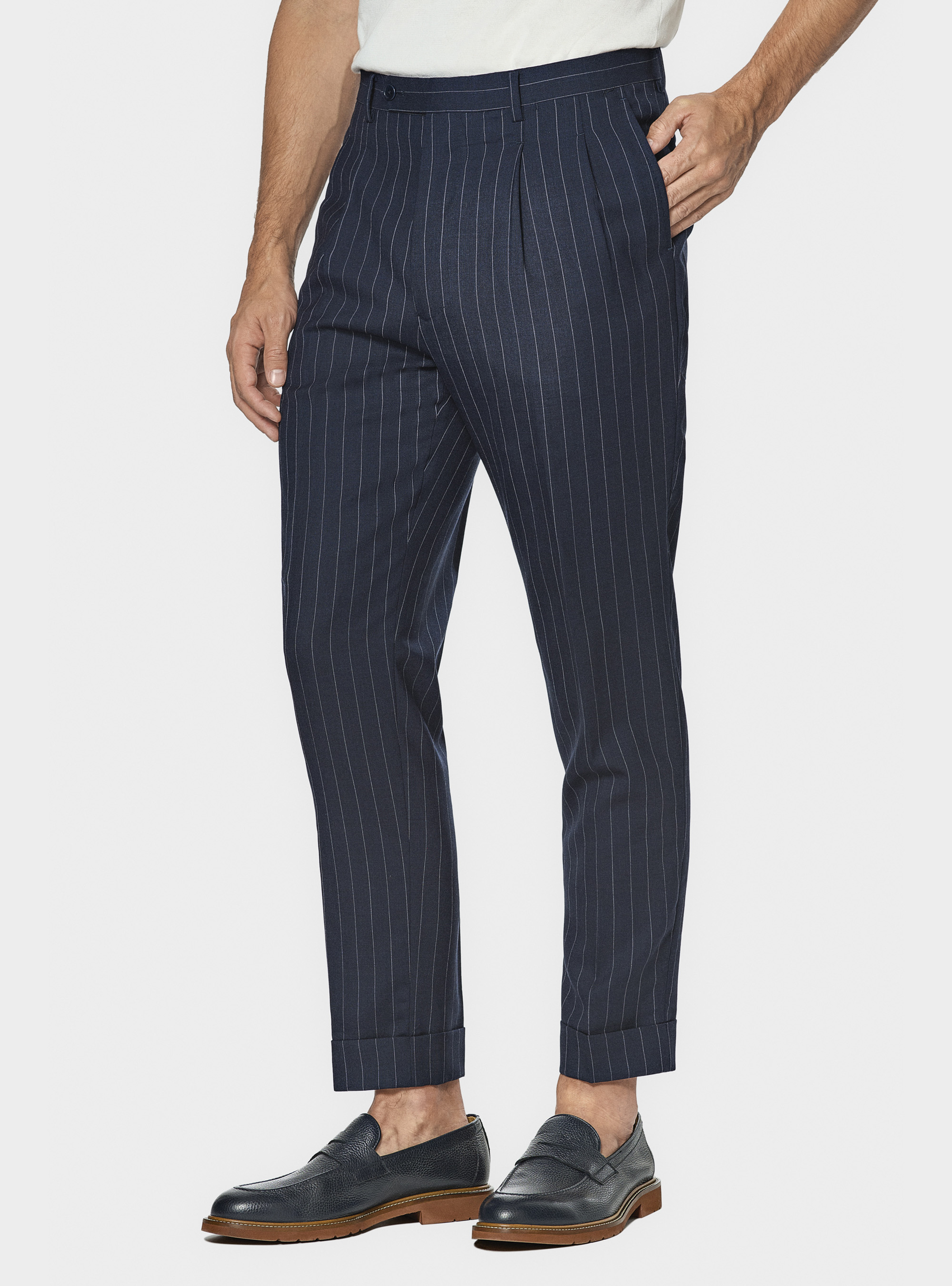 Pure wool pinstripe double-breasted suit trousers, NAVY BLUE
