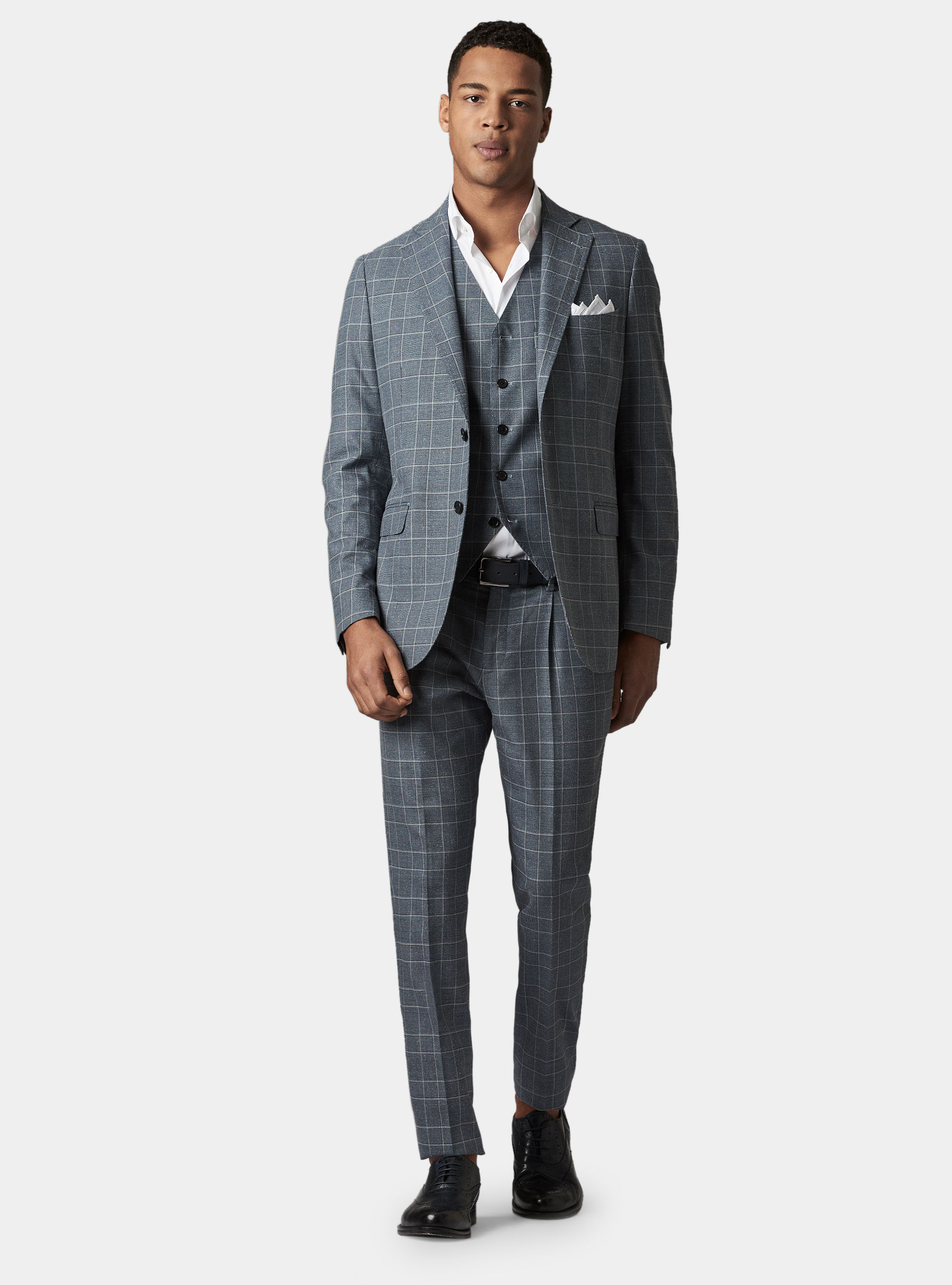 Pantaloni per abito in principe di galles lana bouclè e seta, BLU