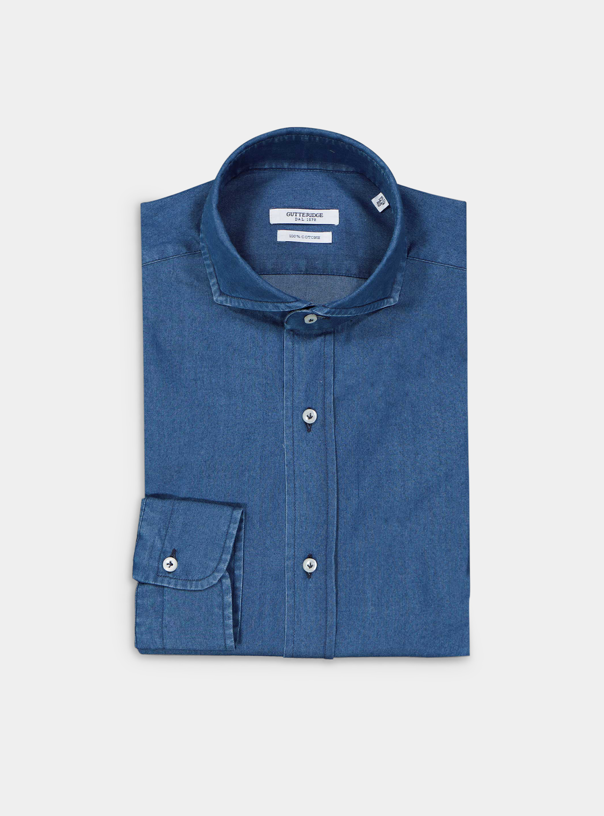 Camicia collo francese in denim indaco, BLU NAVY