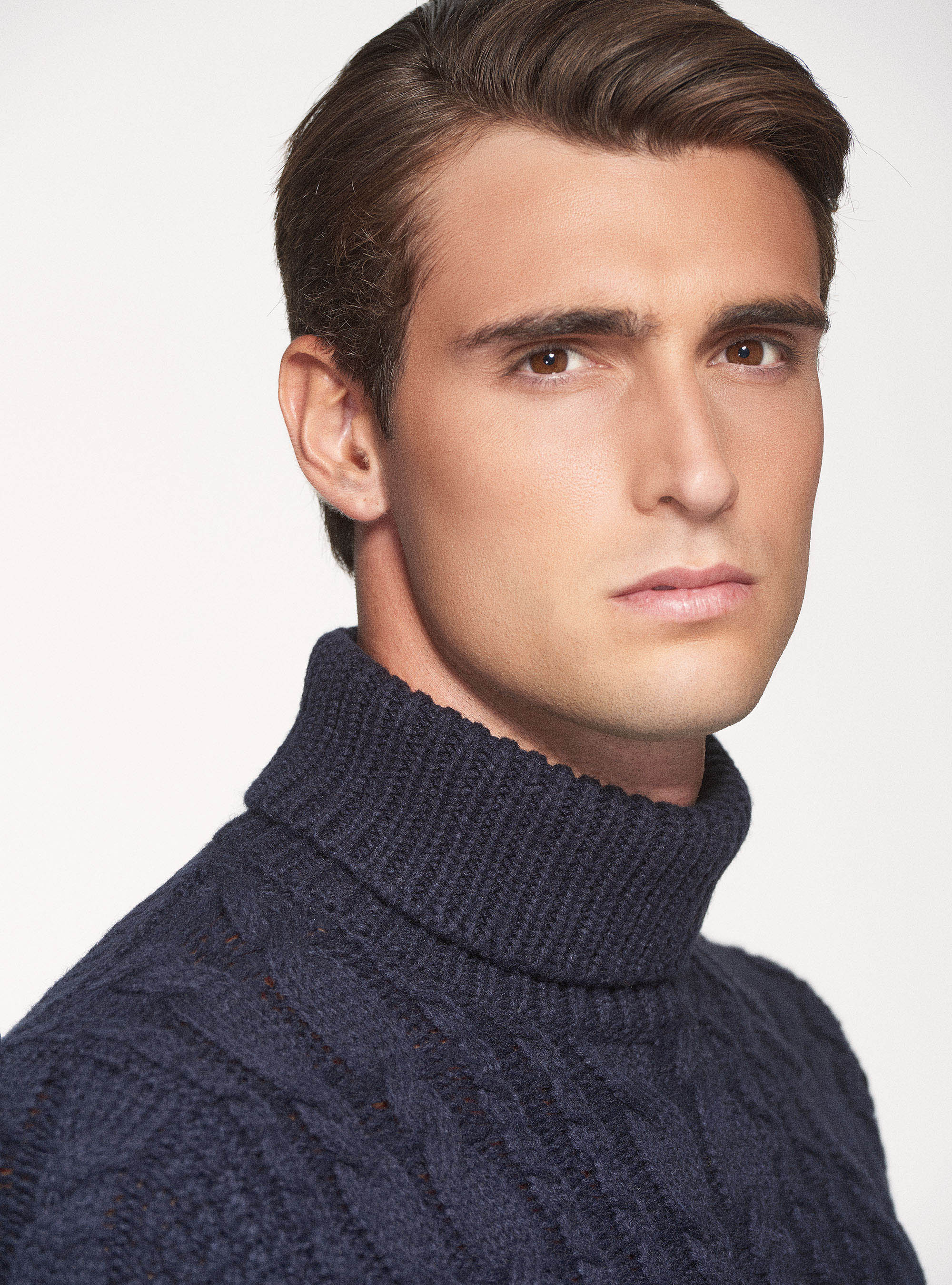 Maglia collo alto in misto lana a treccia, BLU NAVY