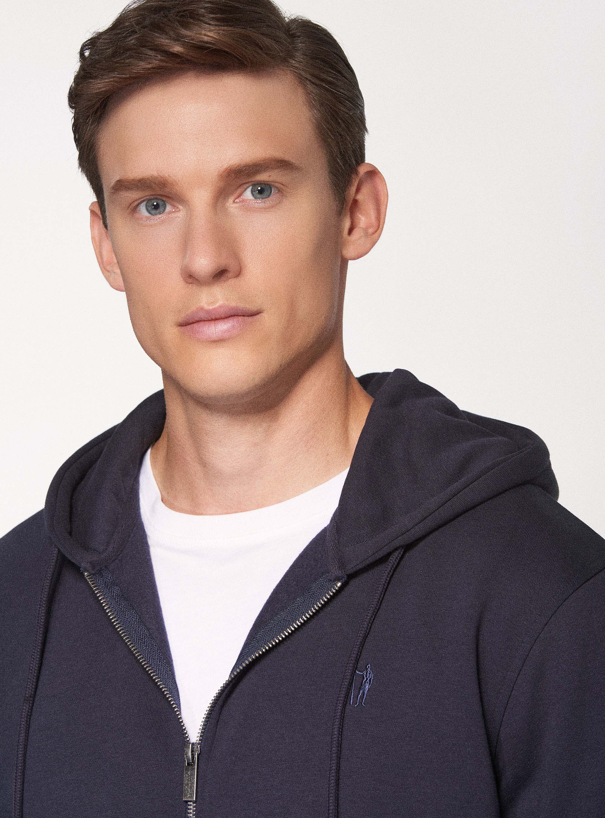 Cardigan in felpa con cappuccio, BLU NAVY