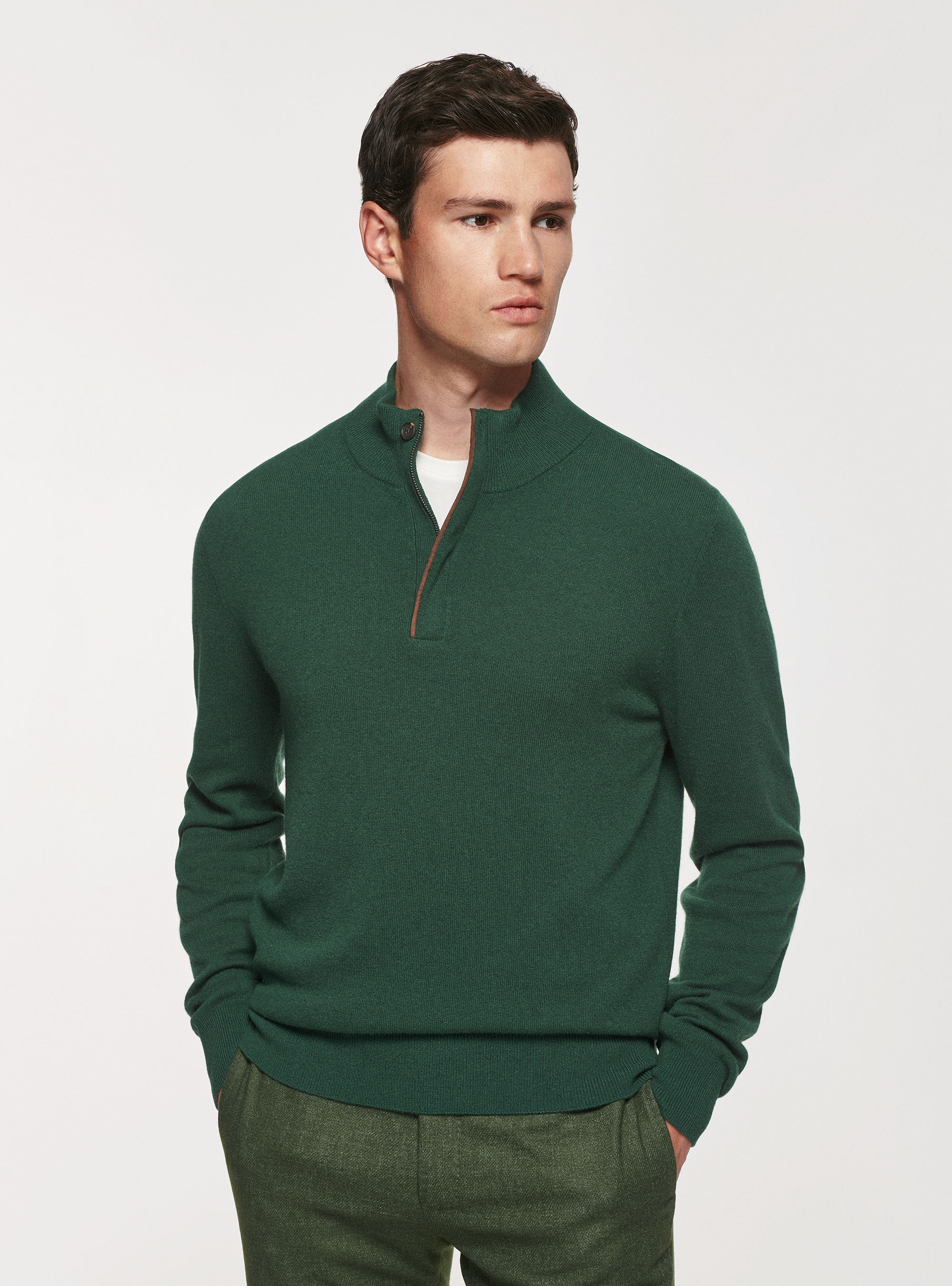 Half-zip sweater with patches in lambswool wool and cashmere, GREEN