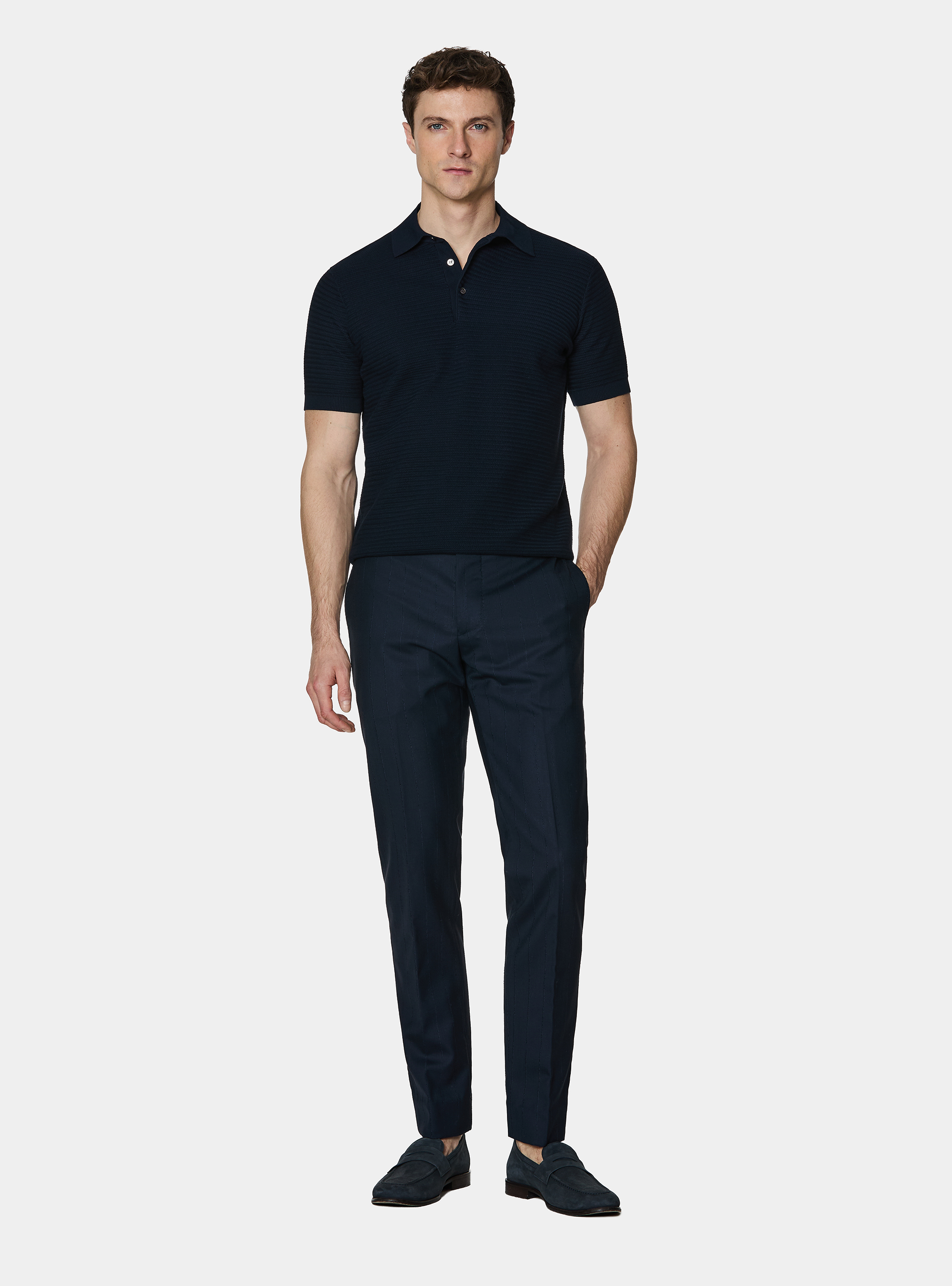 Textured cotton knit polo shirt, NAVY BLUE