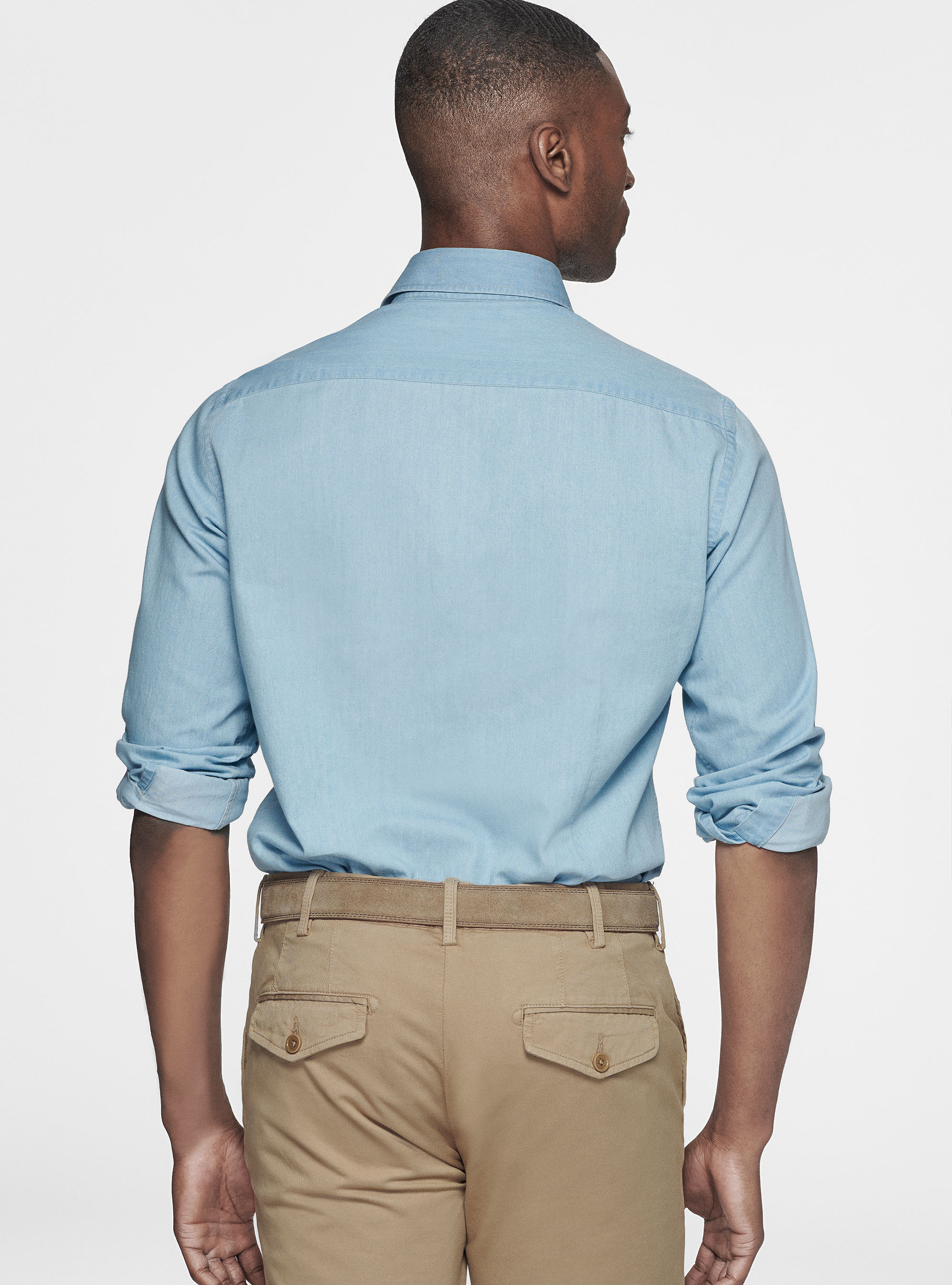 Camicia in cotone chambray, AZZURRO