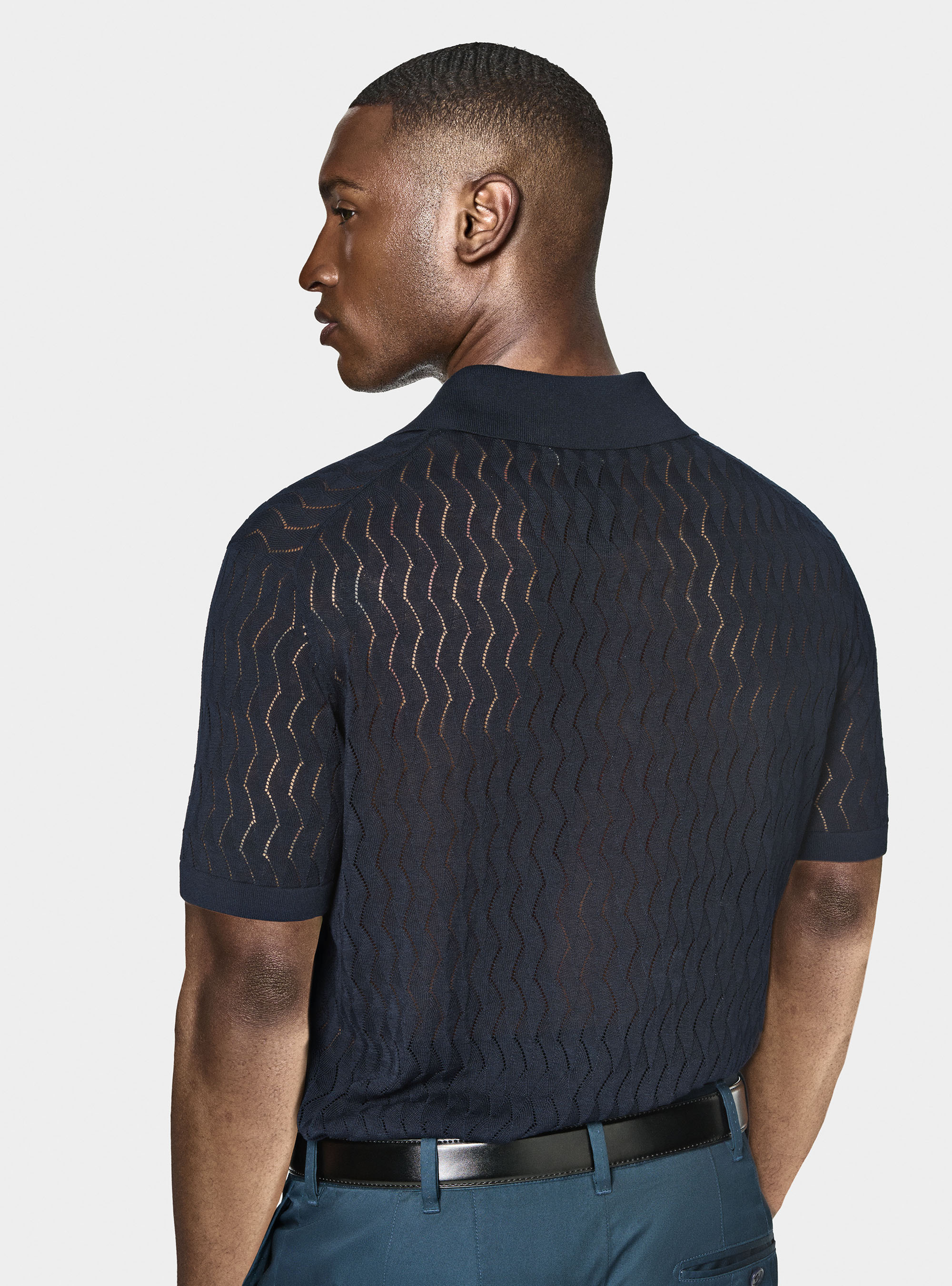 Polo camicia in maglia traforata in cotone e seta, BLU NAVY