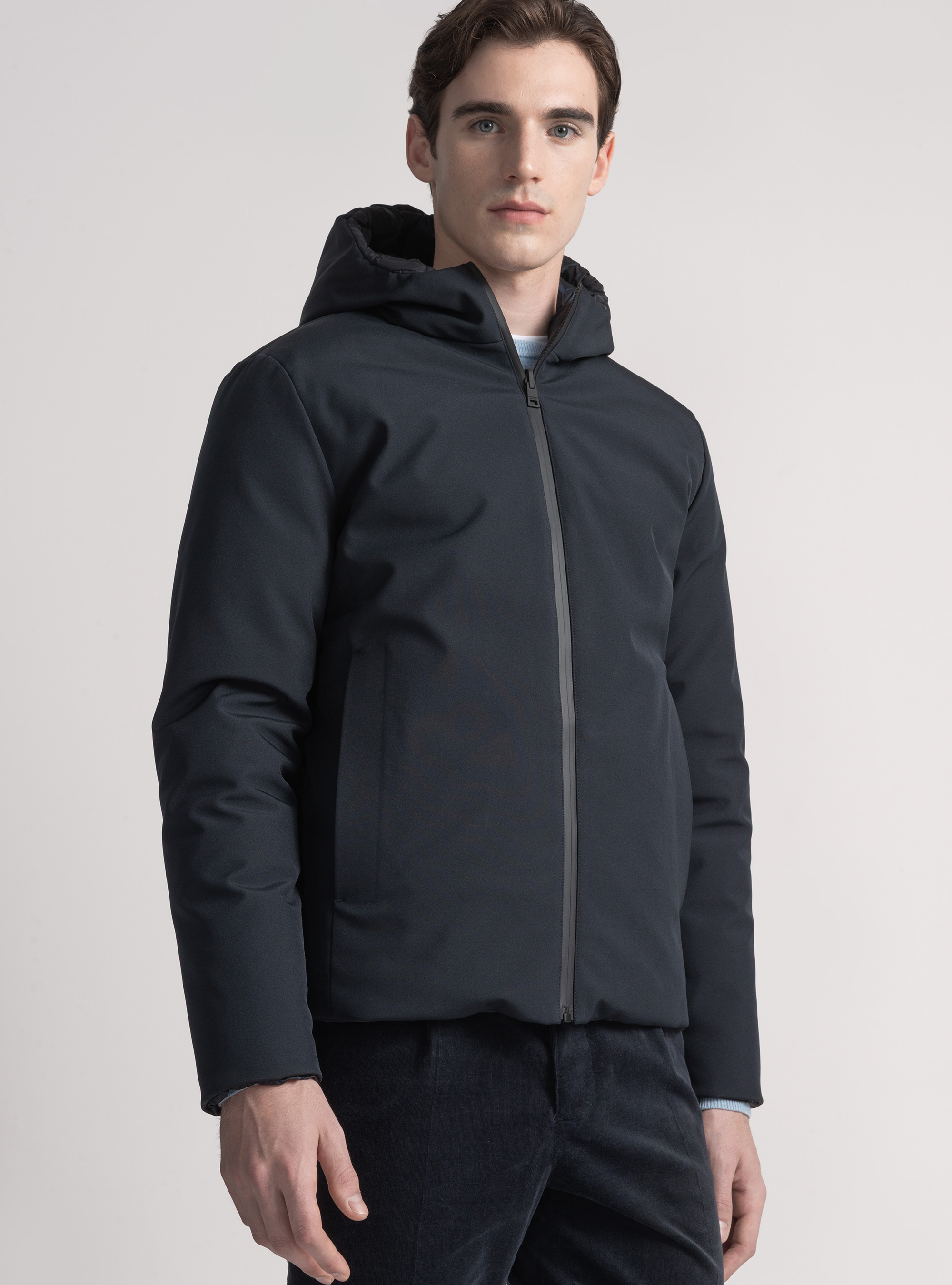 Reversible technical jacket with hood, NAVY BLUE