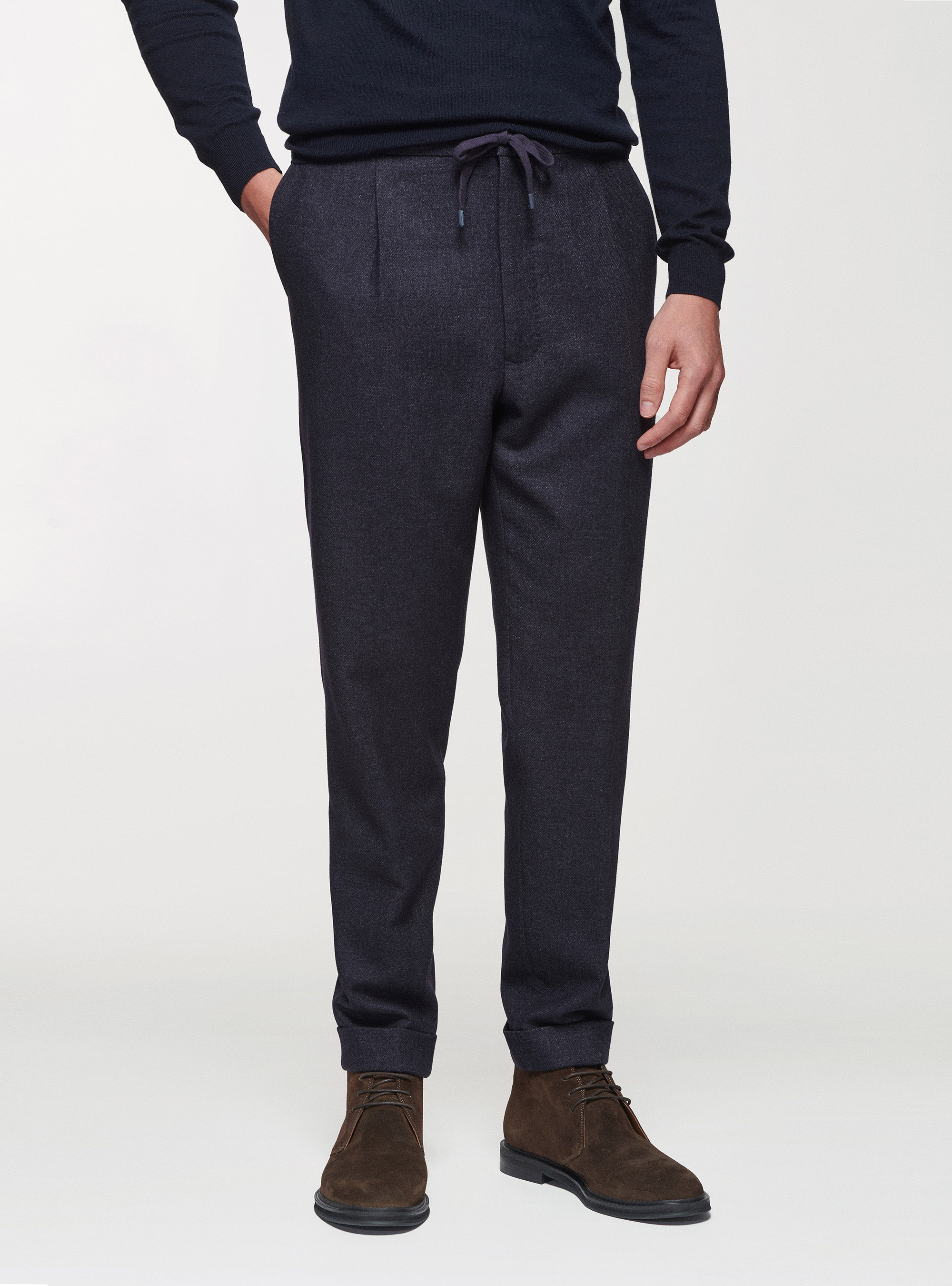 Pantaloni con pinces in flanella di lana Duemilagori, BLU NAVY