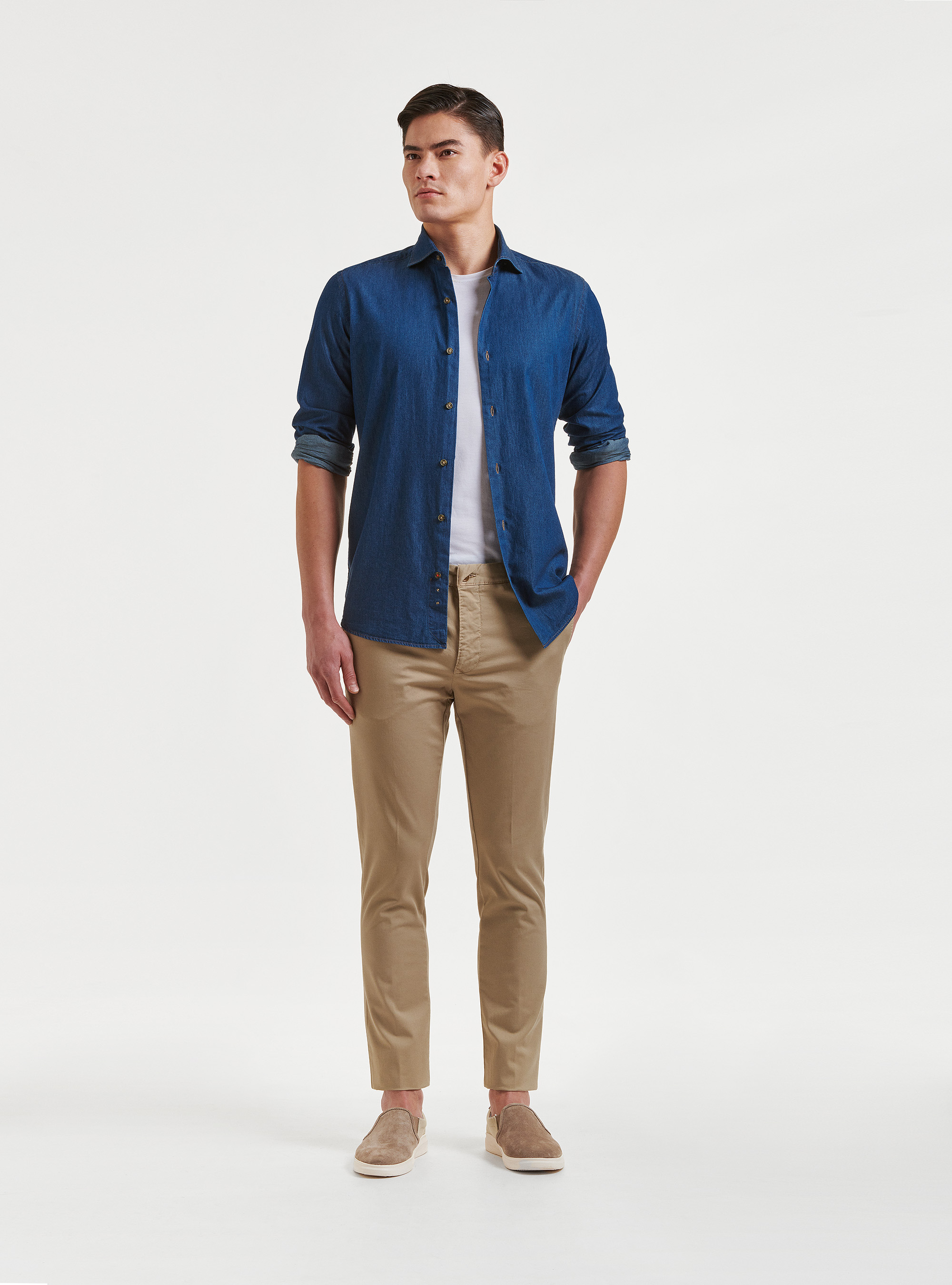 Camicia denim in cotone chambray, BLU NAVY