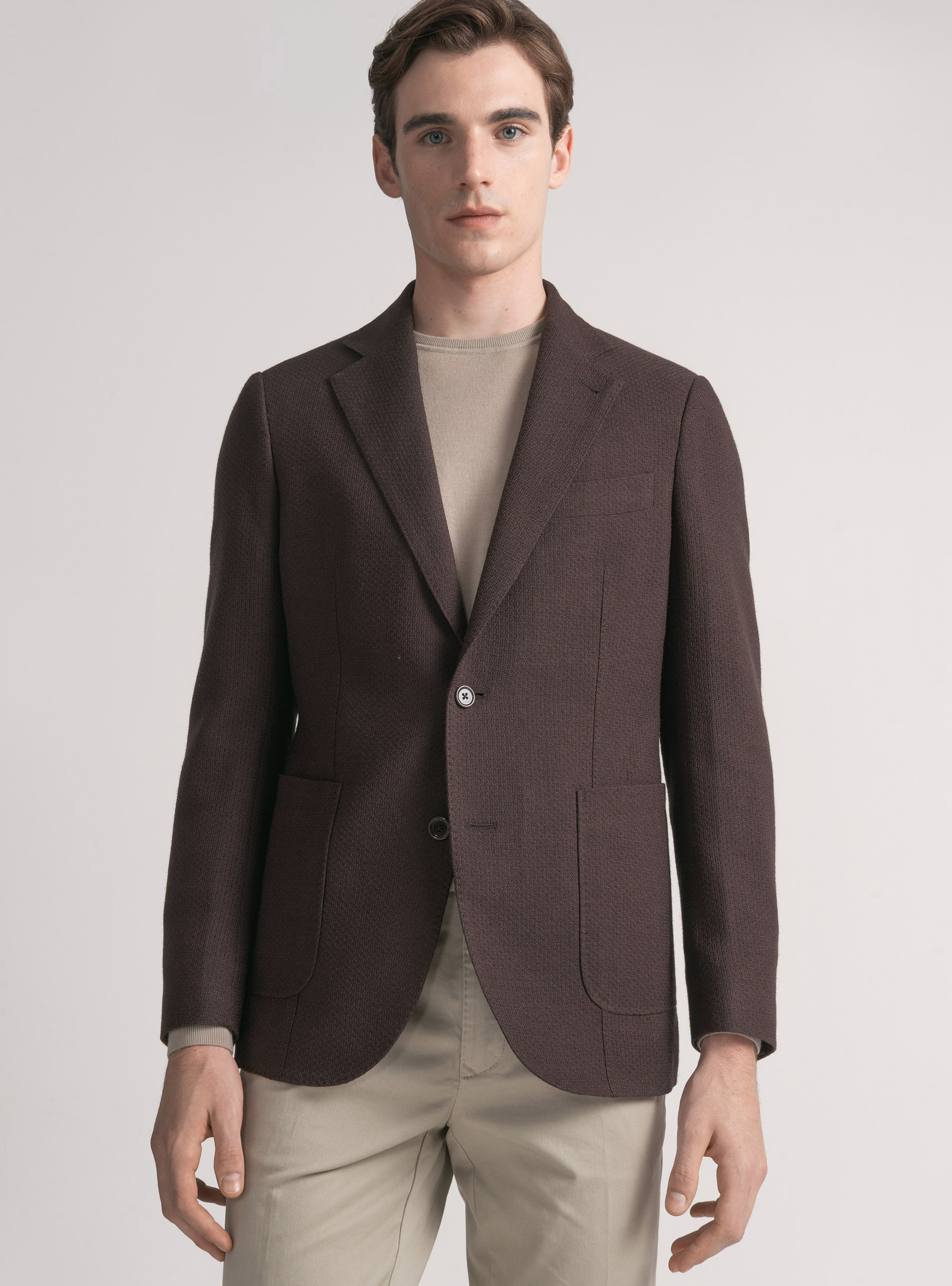 Giacca giro inglese in lana e cotone, MARRONE