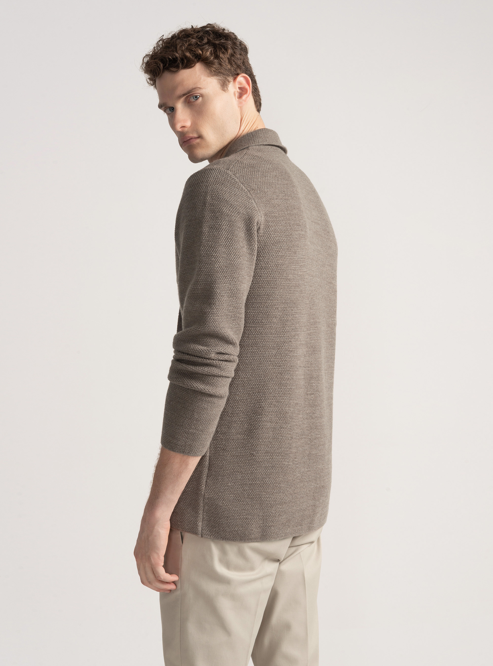 Giacca in maglia doppiopetto in lana merino, FANGO