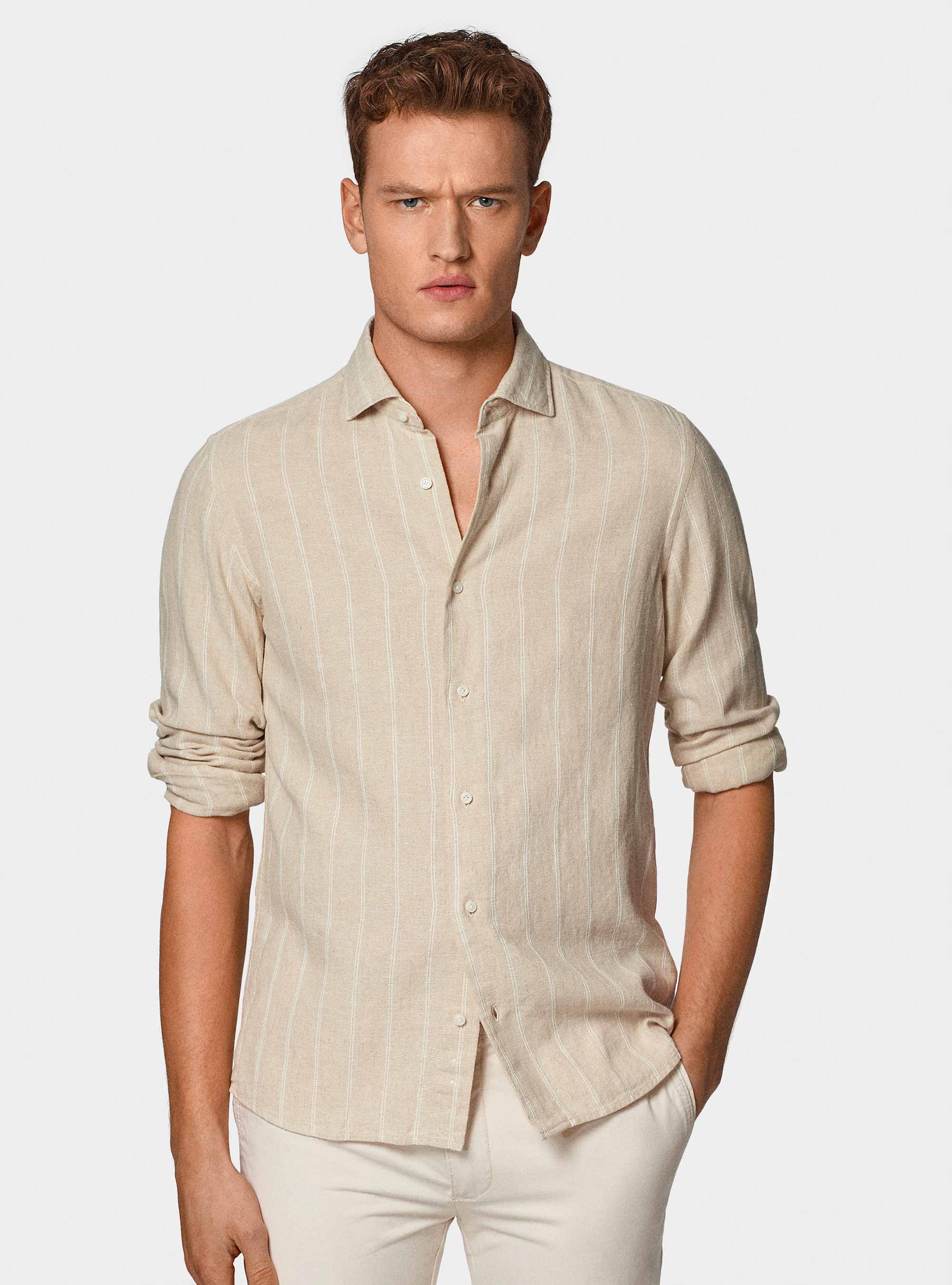 Camicia rigata in lino crepe e cotone