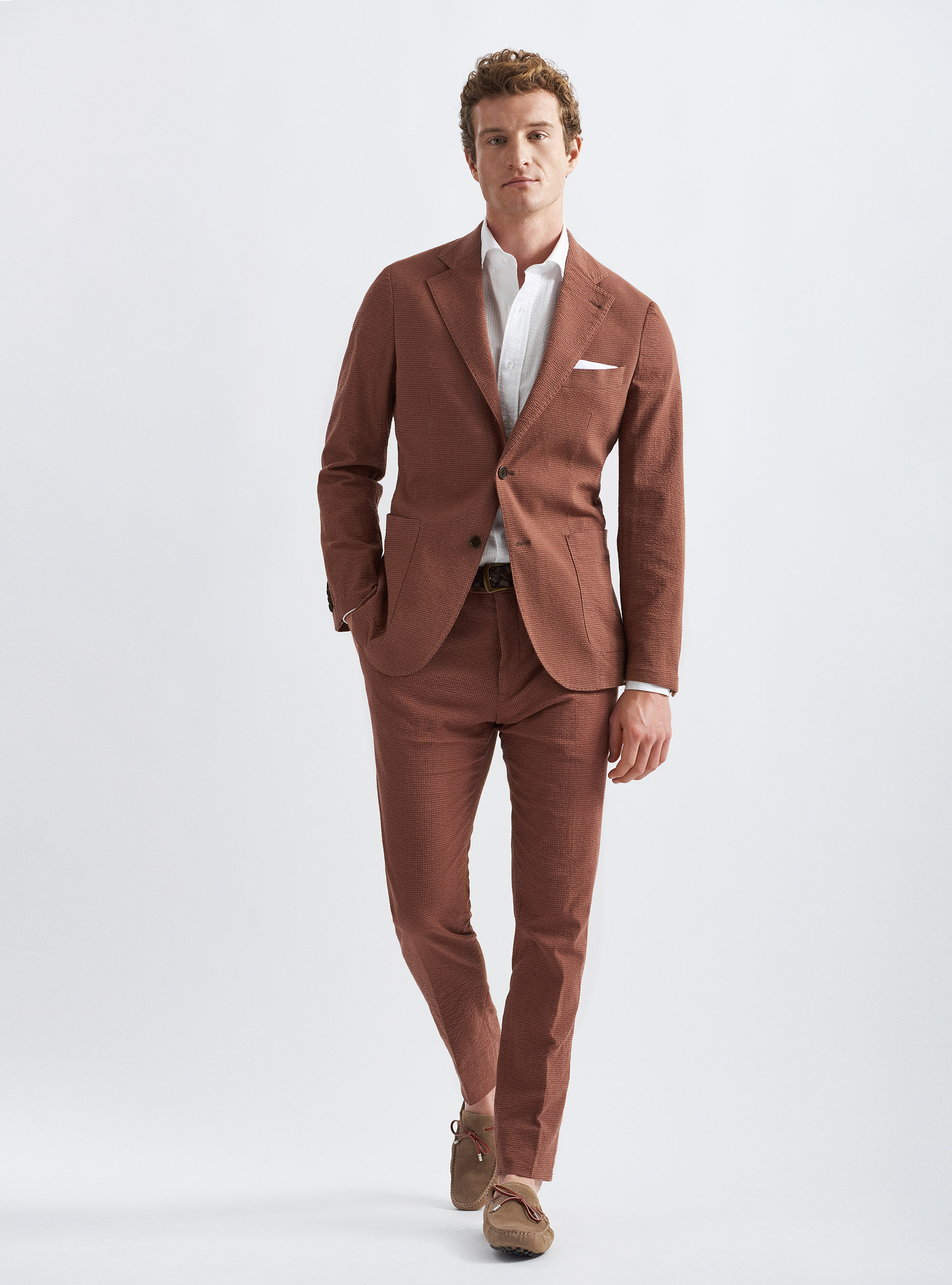 Giacca per abito in cotone stretch seersucker, TABACCO