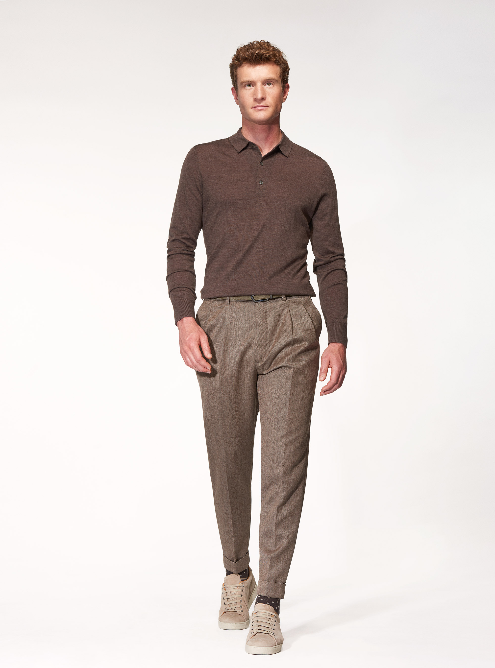 Knitted polo shirt in pure extra-fine merino wool, MUD