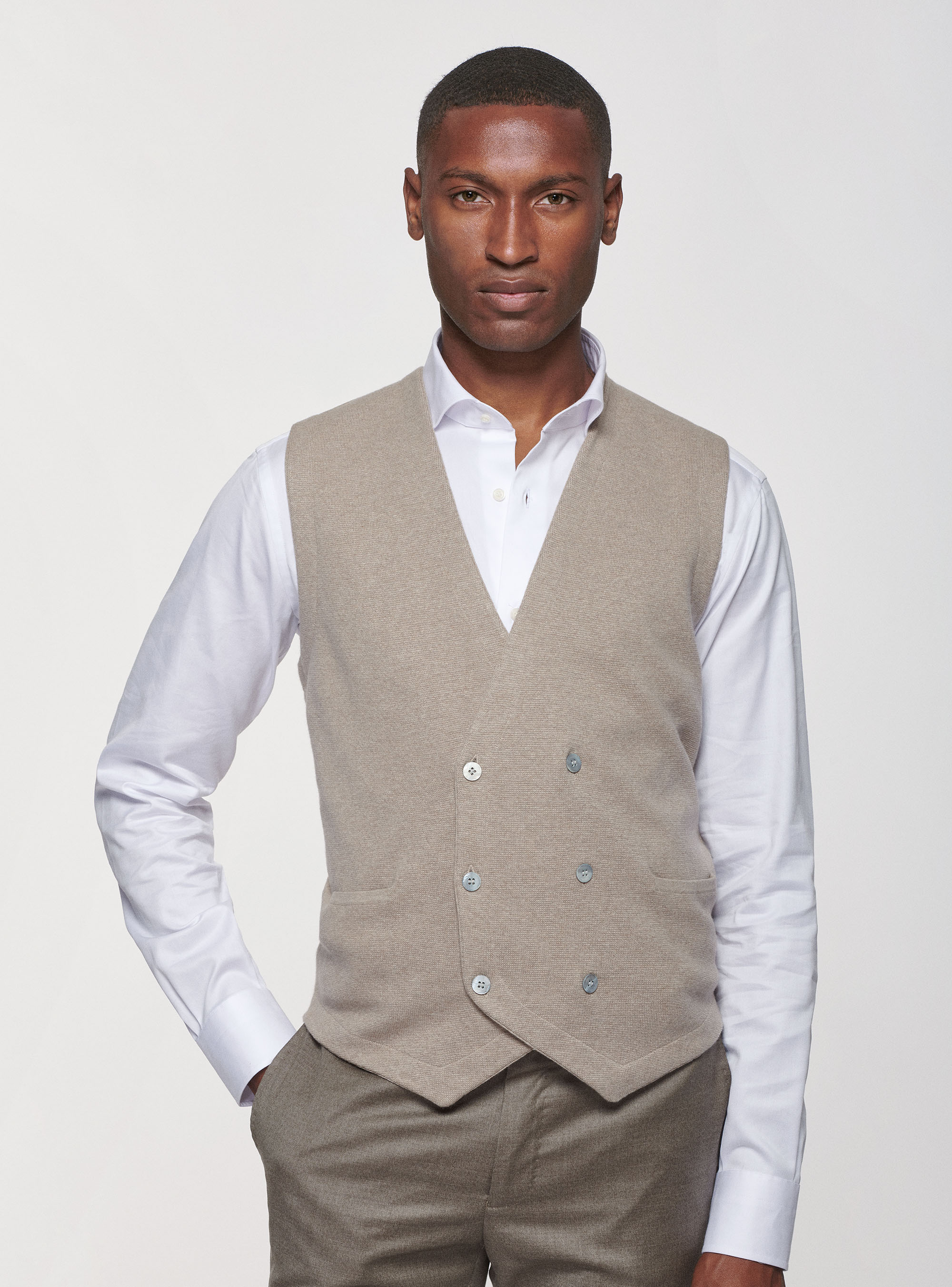 Gilet in maglia doppiopetto in cotone seta e cashmere, SABBIA