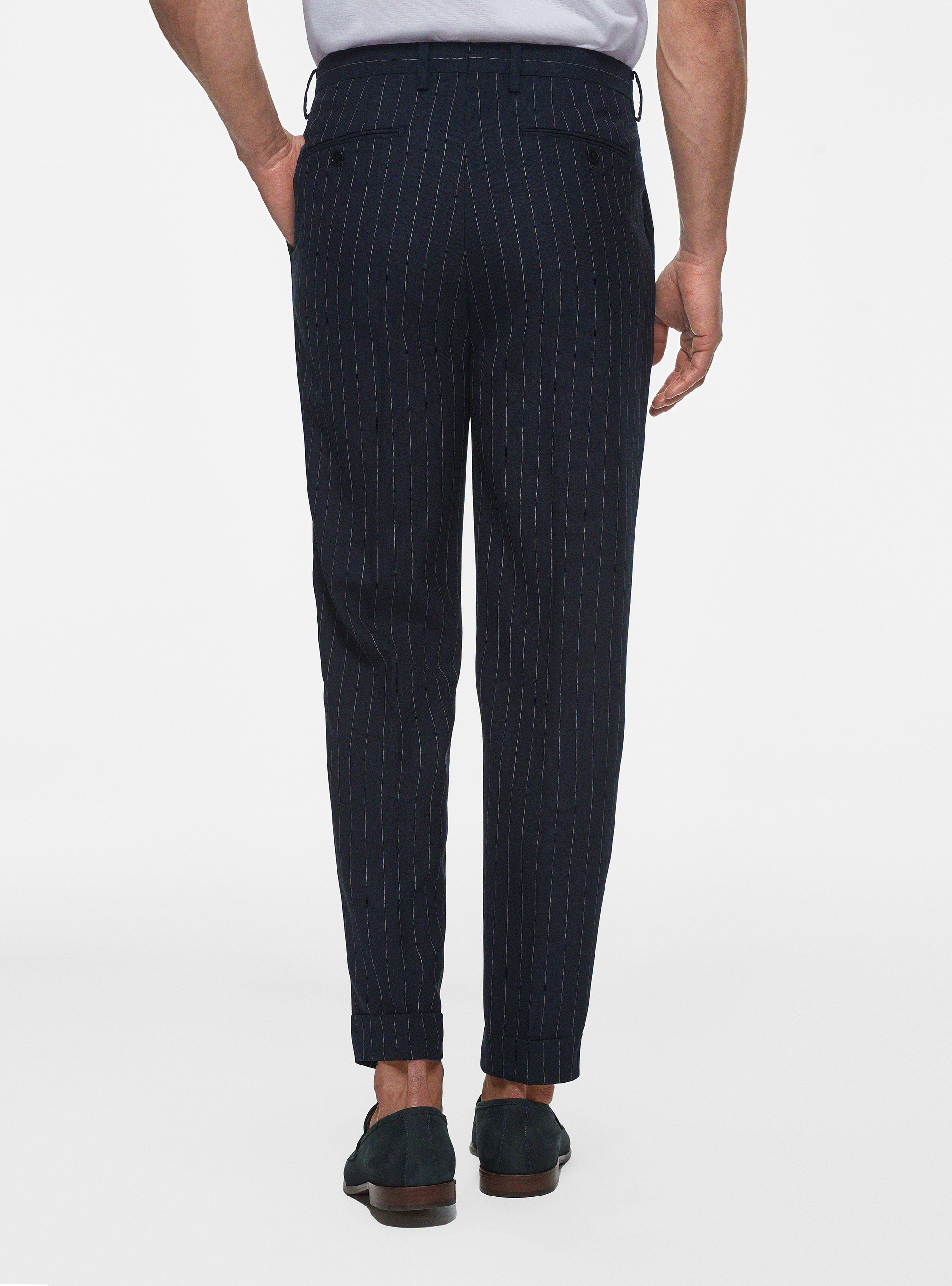 Pantaloni con pinces in pura lana gessata, BLU NAVY