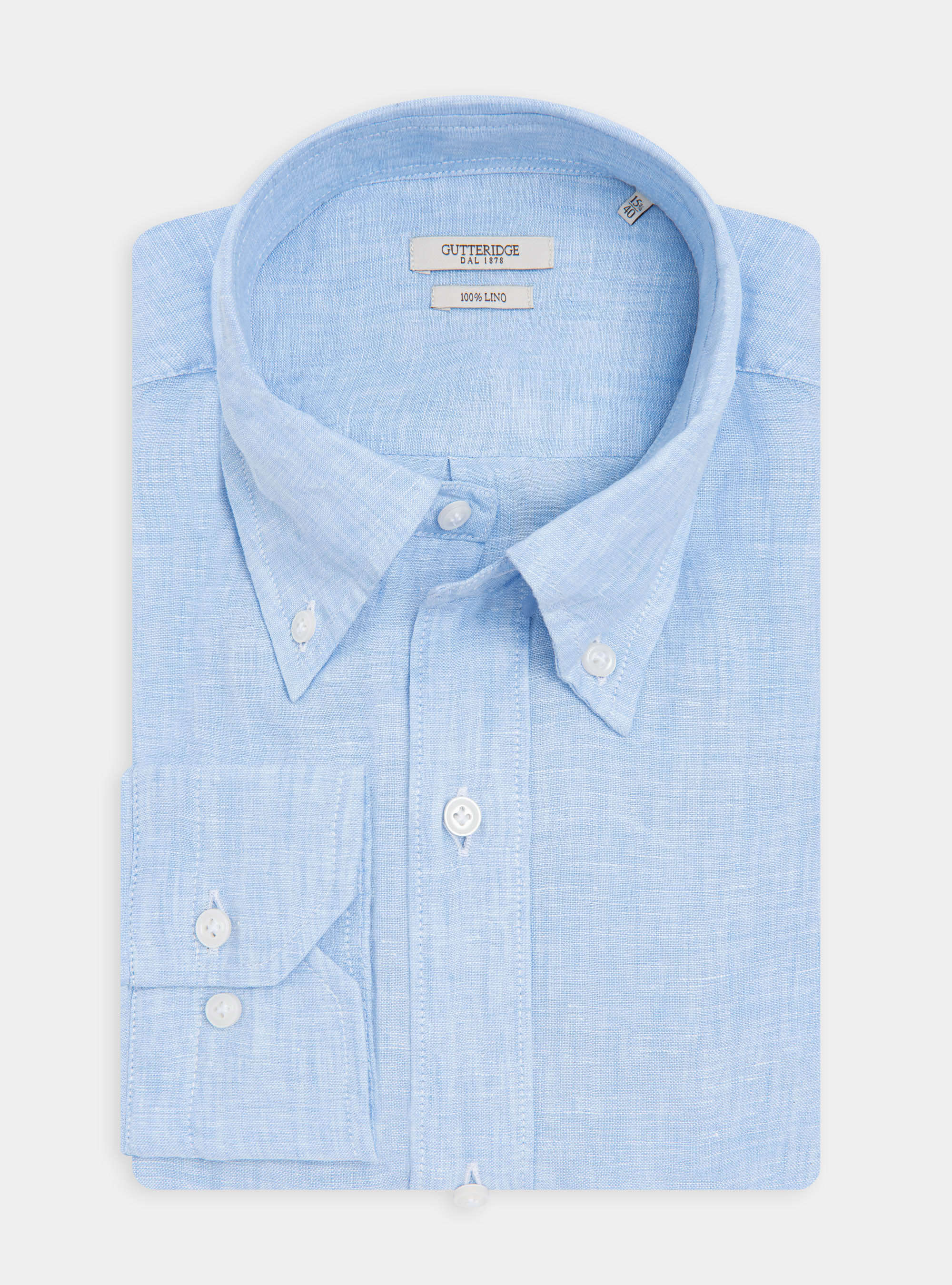 Camicia collo button down in puro lino, AZZURRO