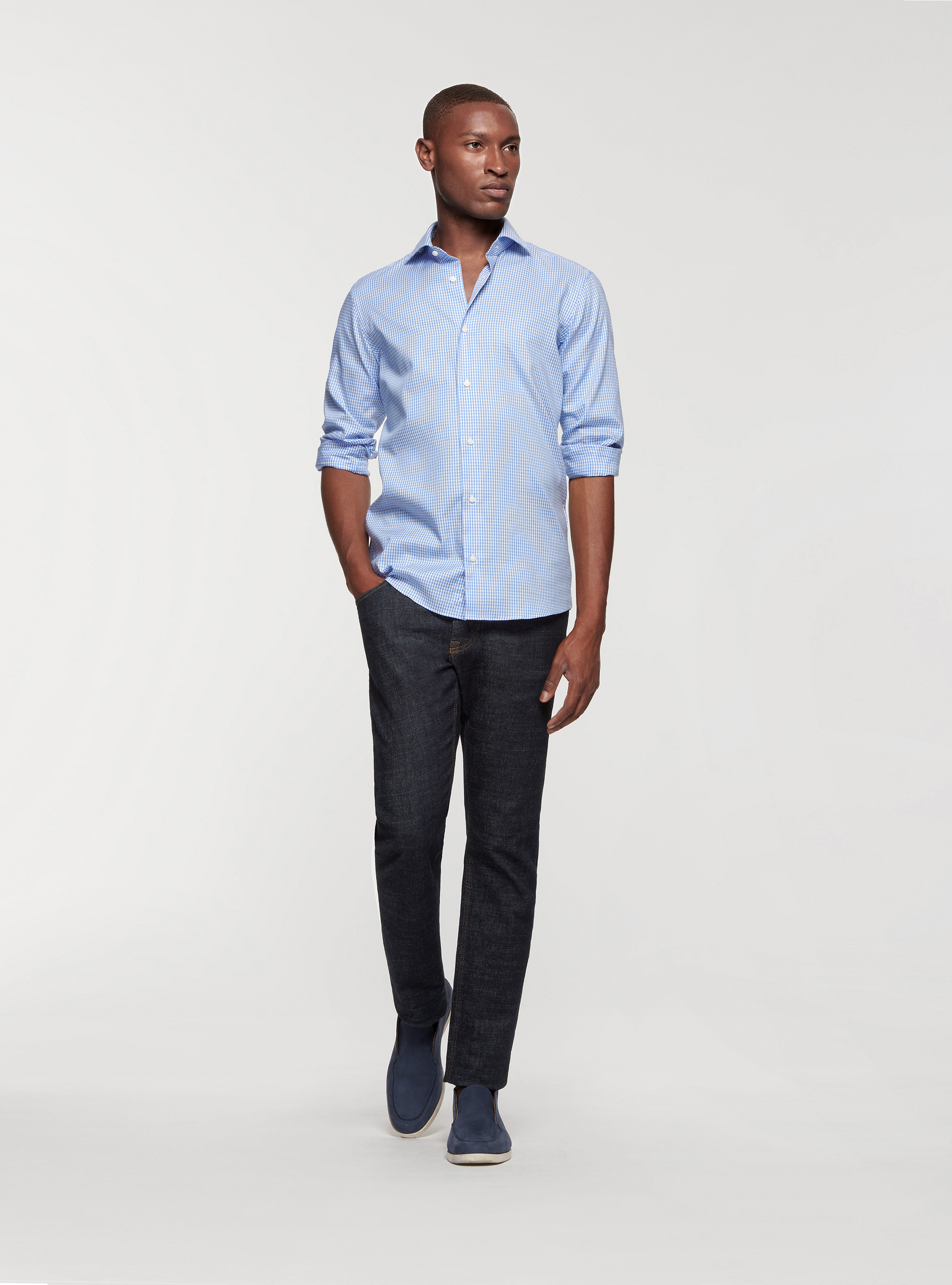 Camisa de cuello semifranc&eacute;s de algod&oacute;n, CELESTE