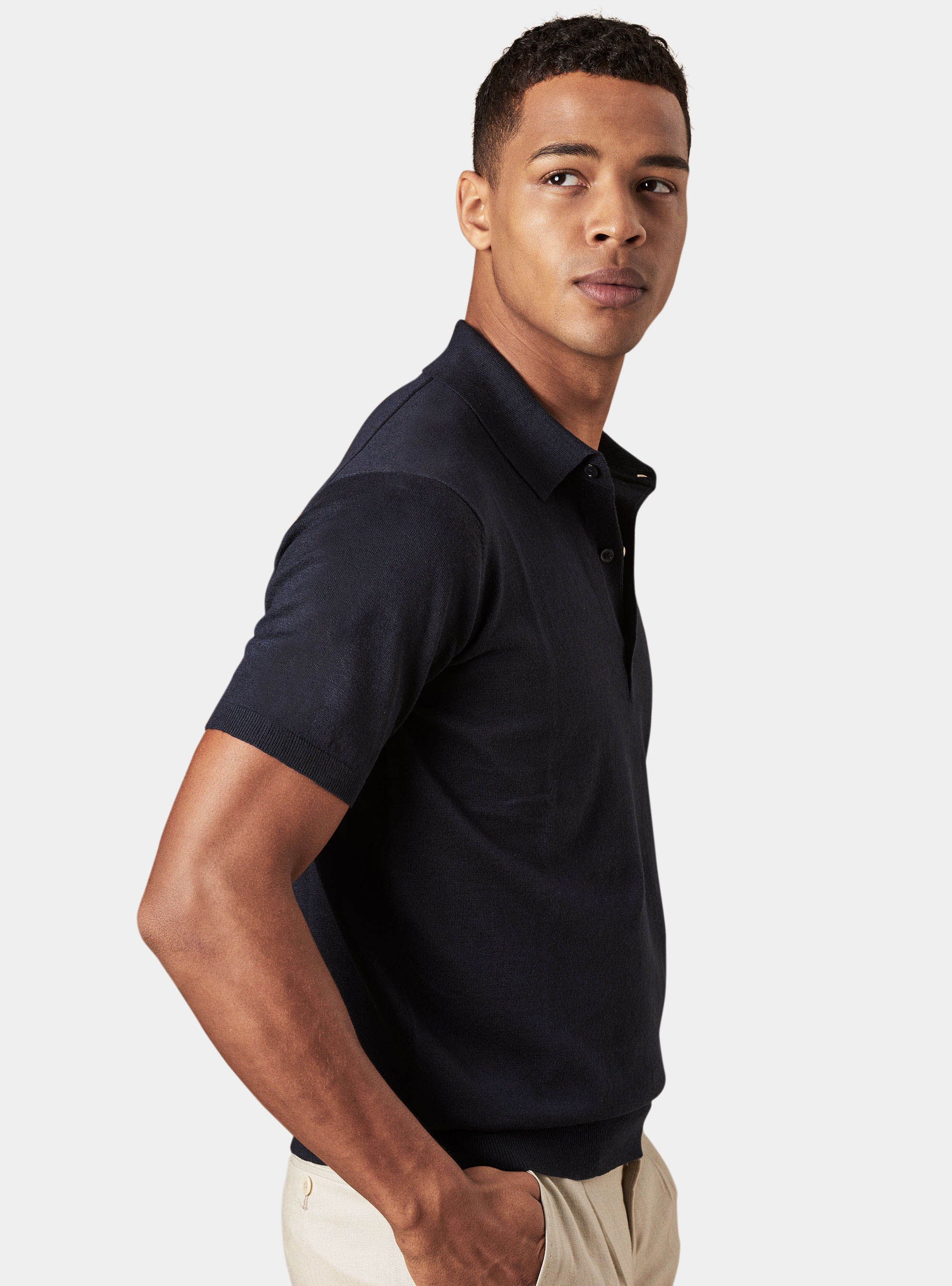 Linen and cotton polo slim fit jersey, NAVY BLUE