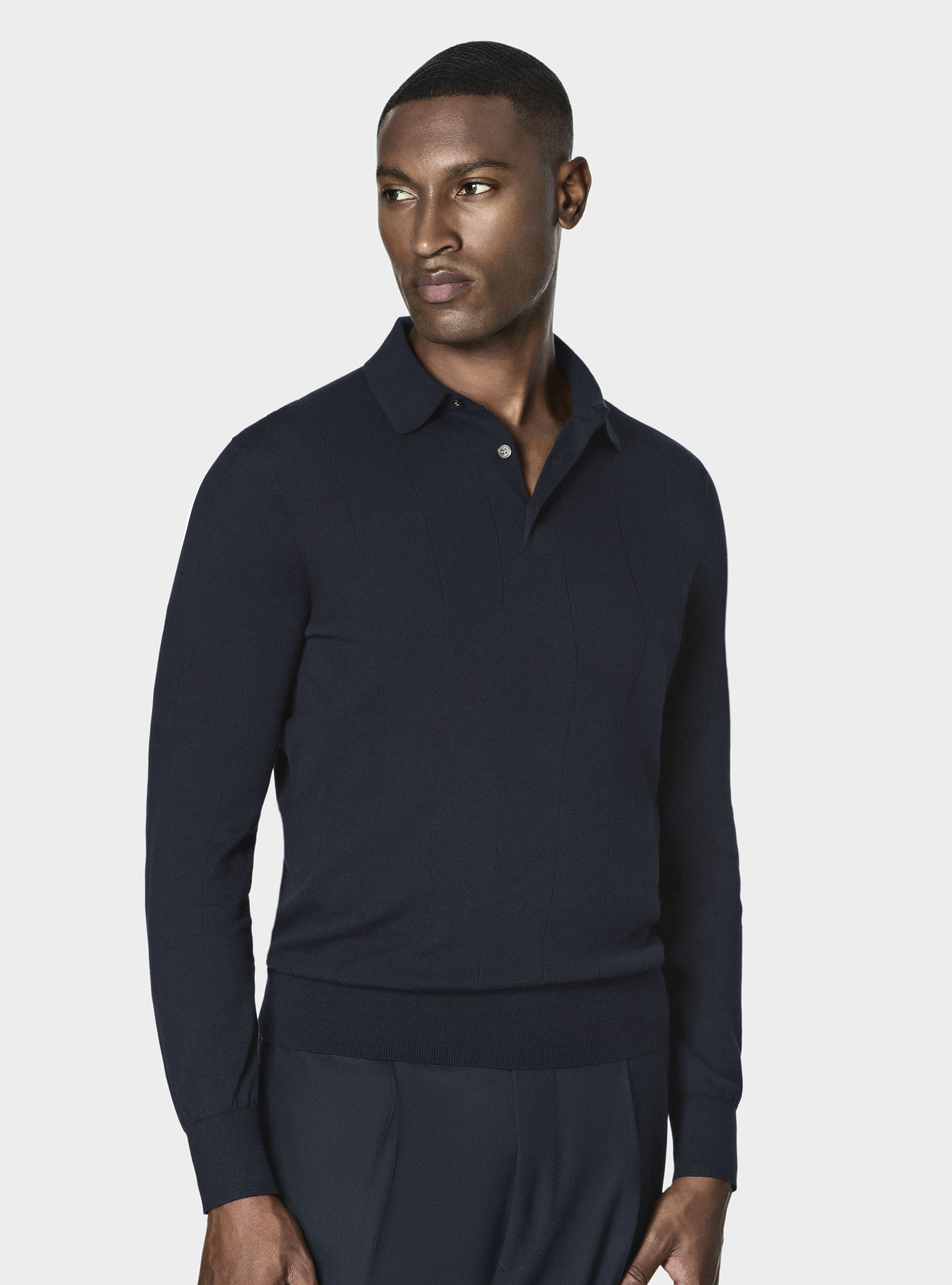 Polo à manches longues en tricot, BLEU MARINE