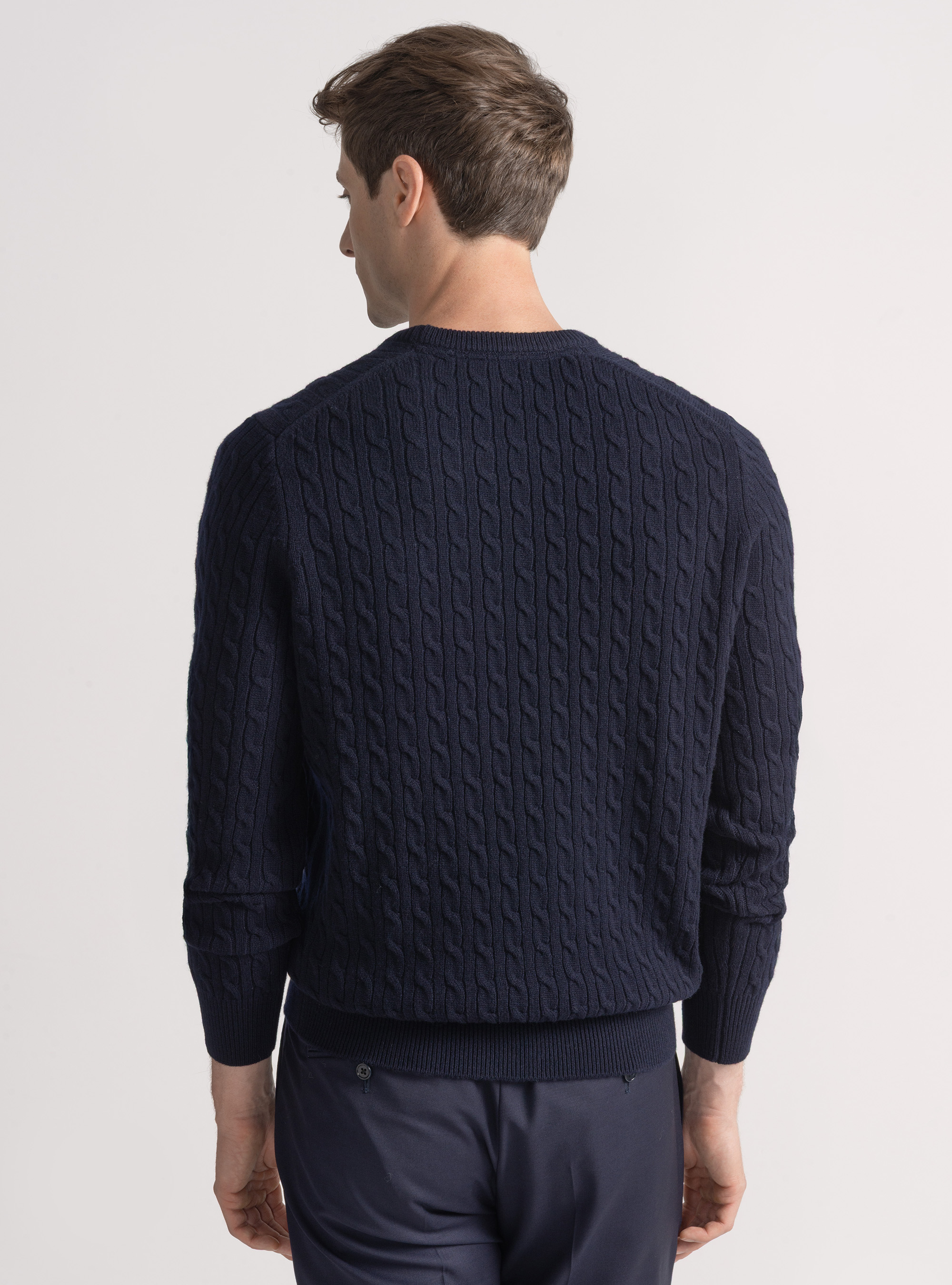 Crew-neck sweater with wool and cashmere braid, NAVY BLUE