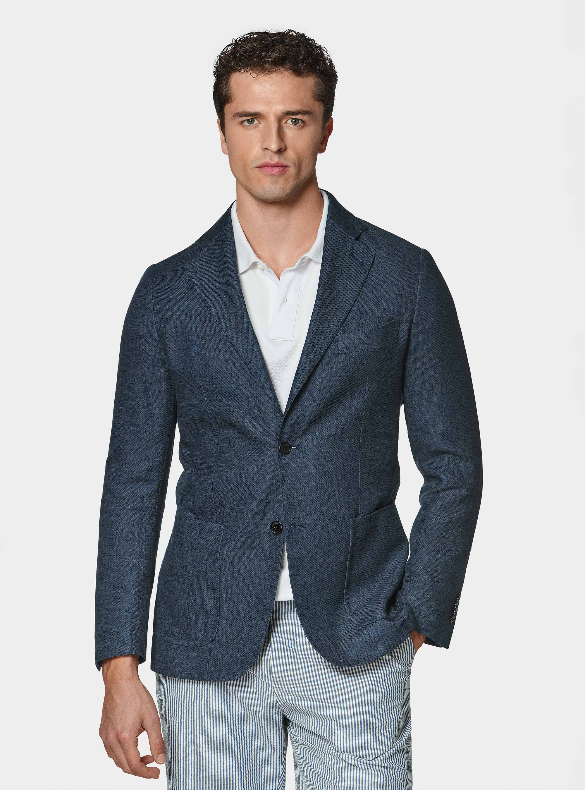 Linen and cotton blend blazer, NAVY BLUE