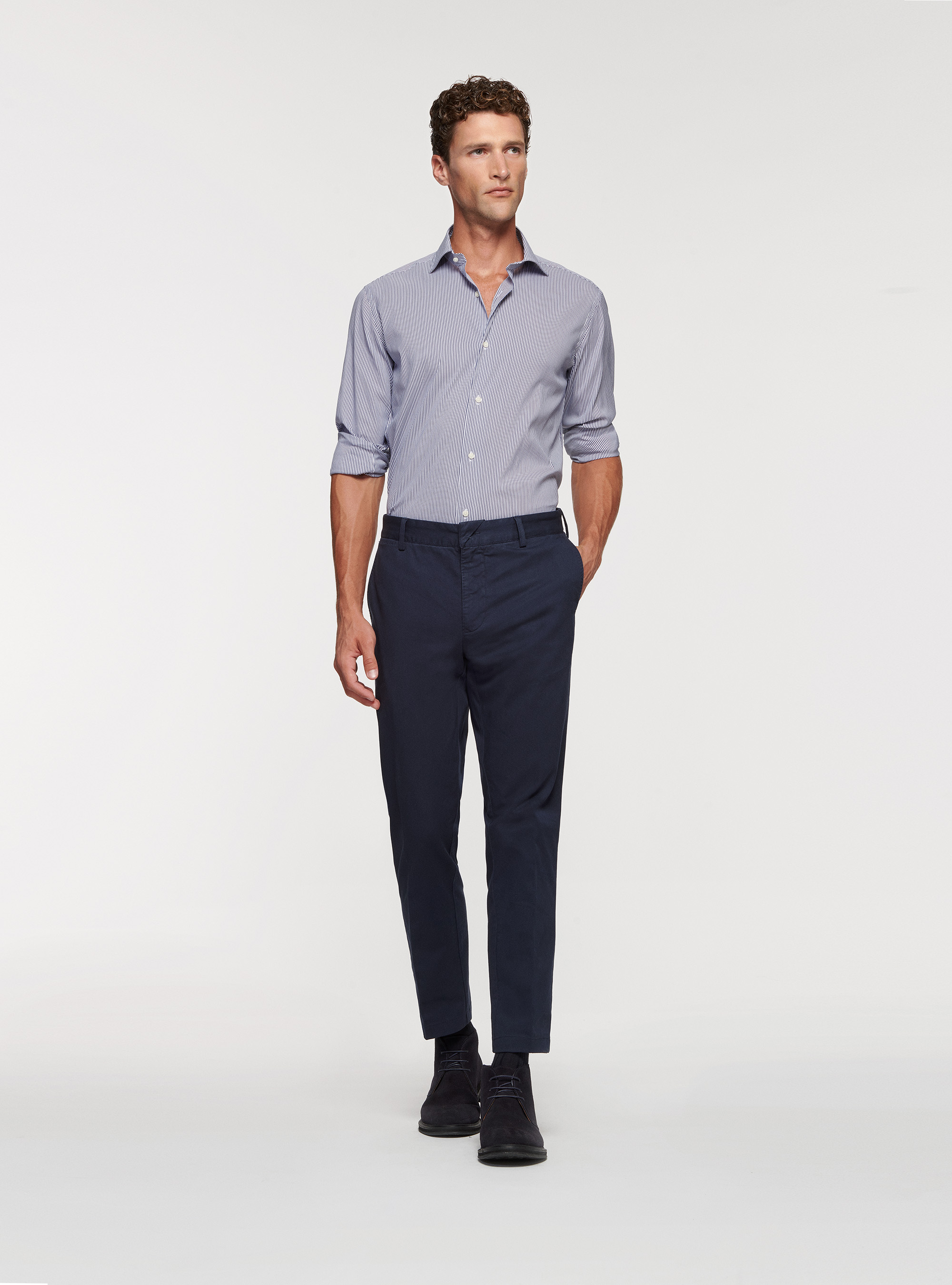 Camicia in popeline stretch rigato, BLU NAVY