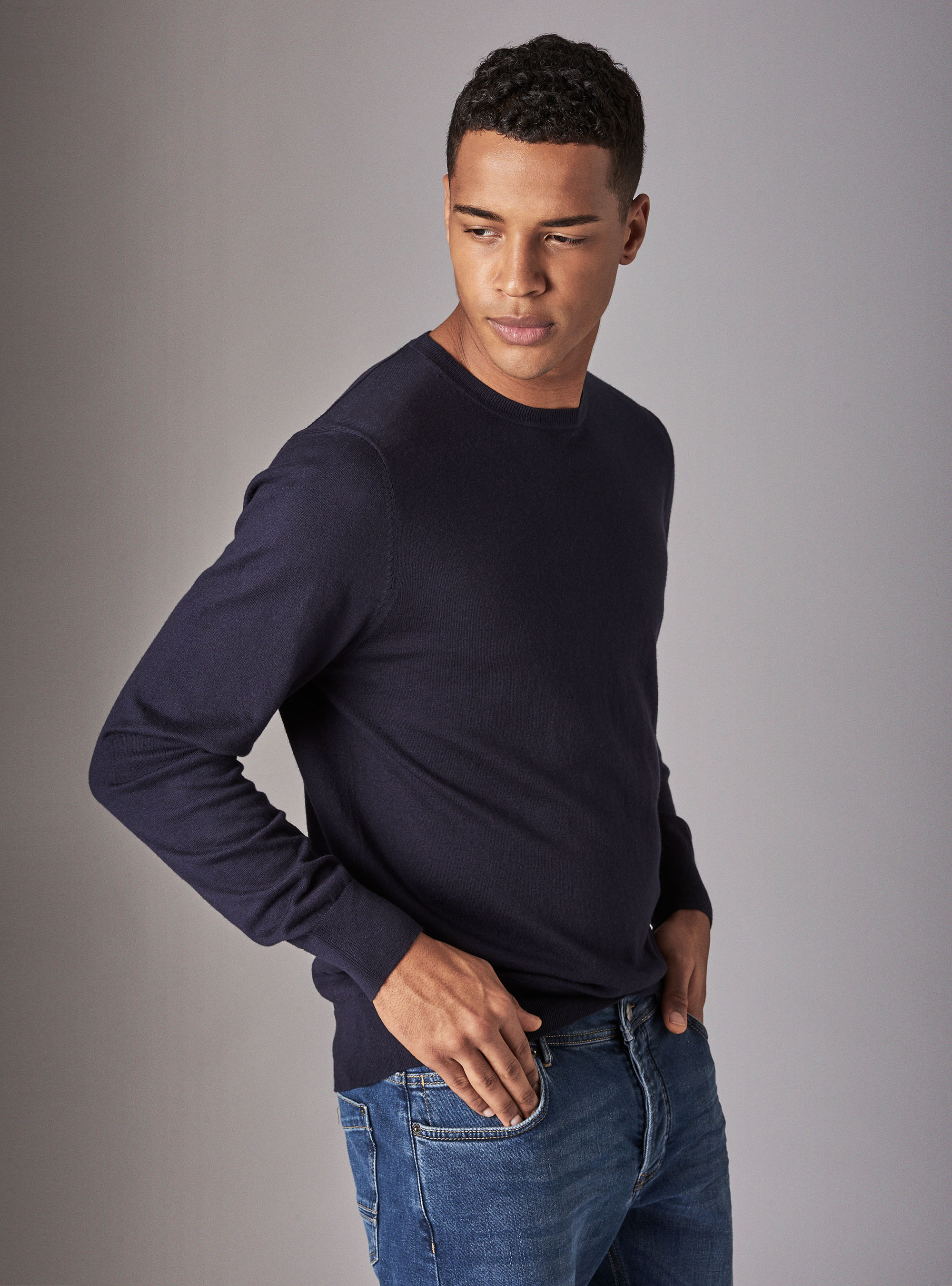 Maglia girocollo basica in cotone seta e cashmere, BLU NAVY