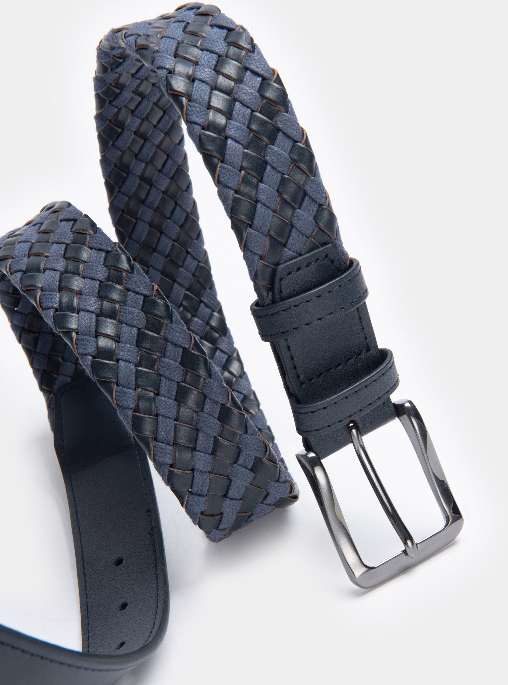 Leather and rope braided belt, NAVY BLUE