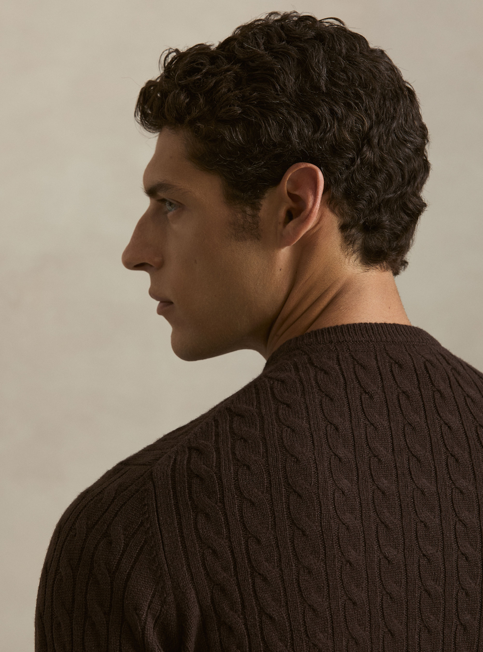Girocollo in maglia con treccia in lana cashmere, MARRONE